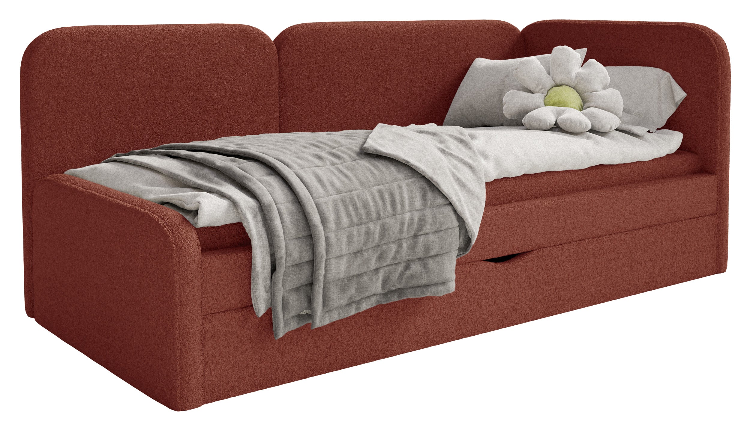 Jugendbett 90x200 cm Cuddy rechtsseitig mit Matratze und Aufbewahrung, ziegelroter Plüsch, wasserabweisend