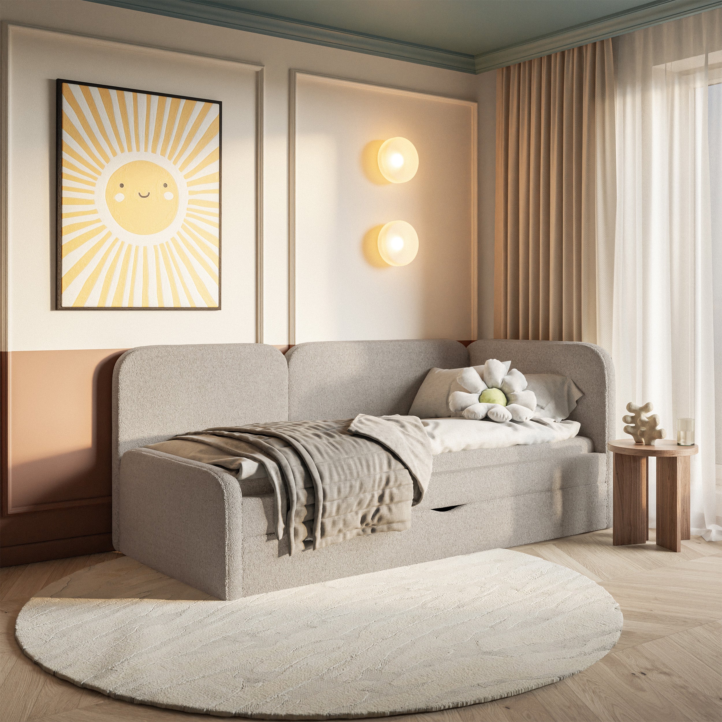 Jugendbett 90x200 cm Cuddy rechtsseitig mit Matratze und Stauraum, beige Plüsch, wasserabweisend
