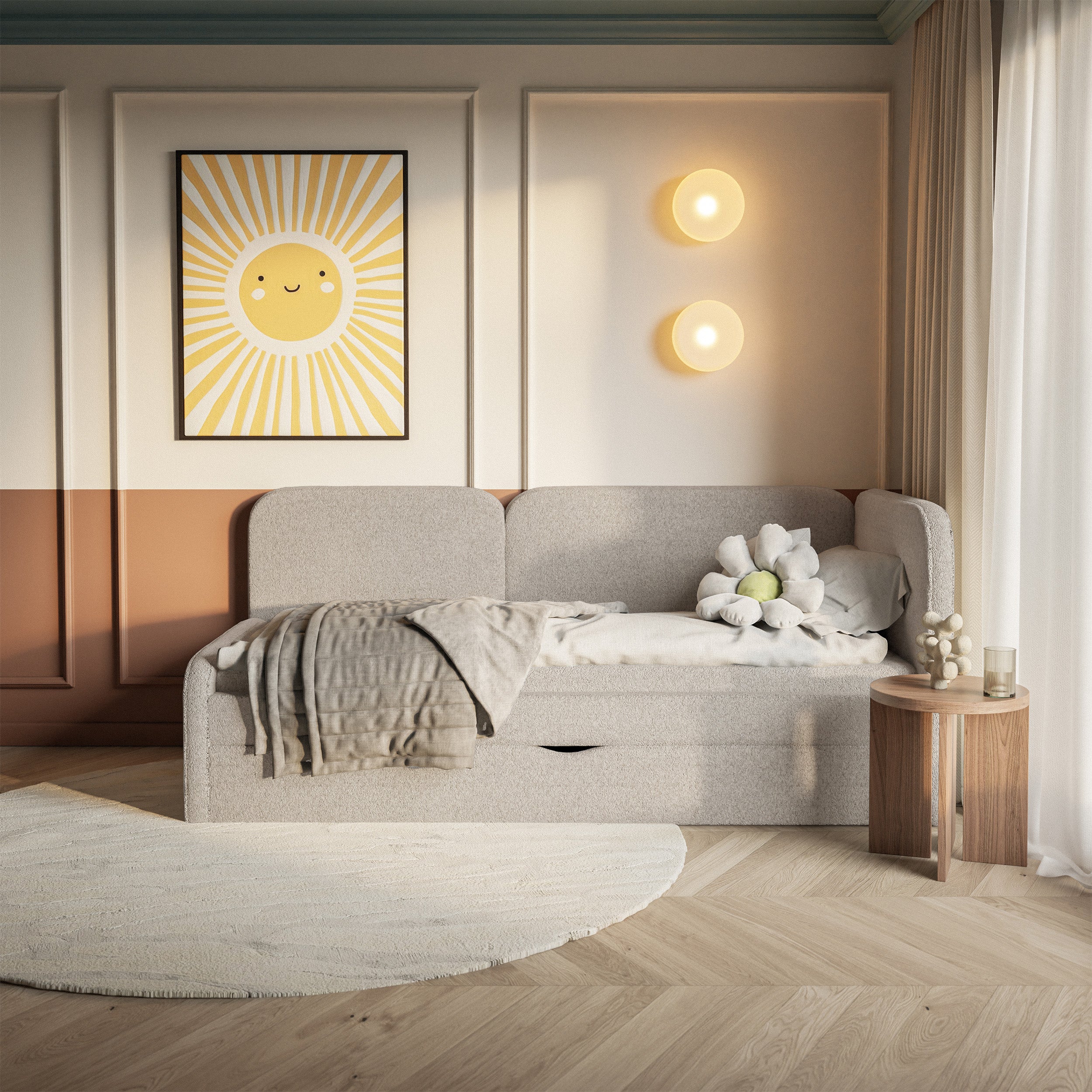 Jugendbett 90x200 cm Cuddy rechtsseitig mit Matratze und Stauraum, beige Plüsch, wasserabweisend