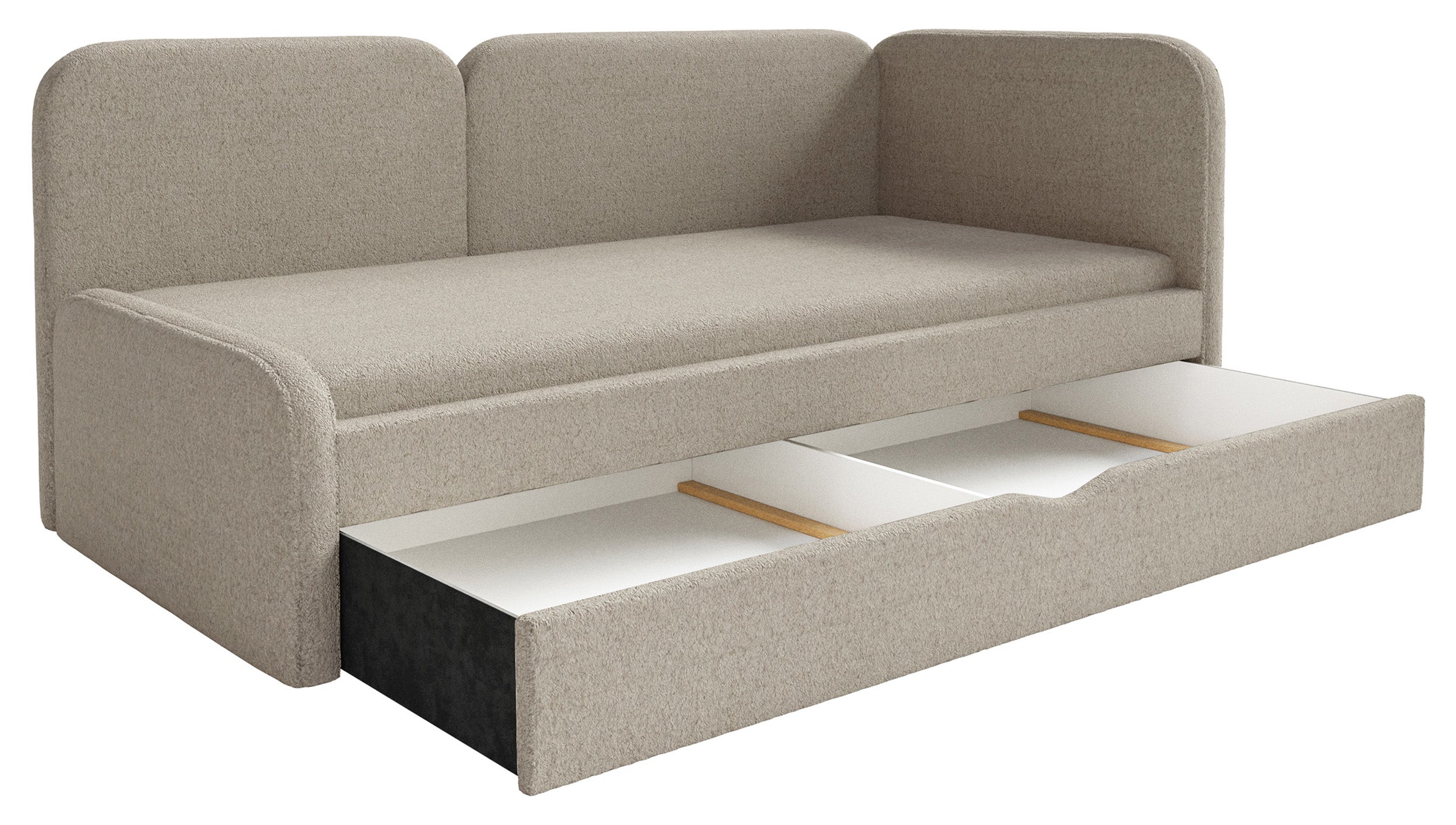 Jugendbett 90x200 cm Cuddy rechtsseitig mit Matratze und Stauraum, beige Plüsch, wasserabweisend