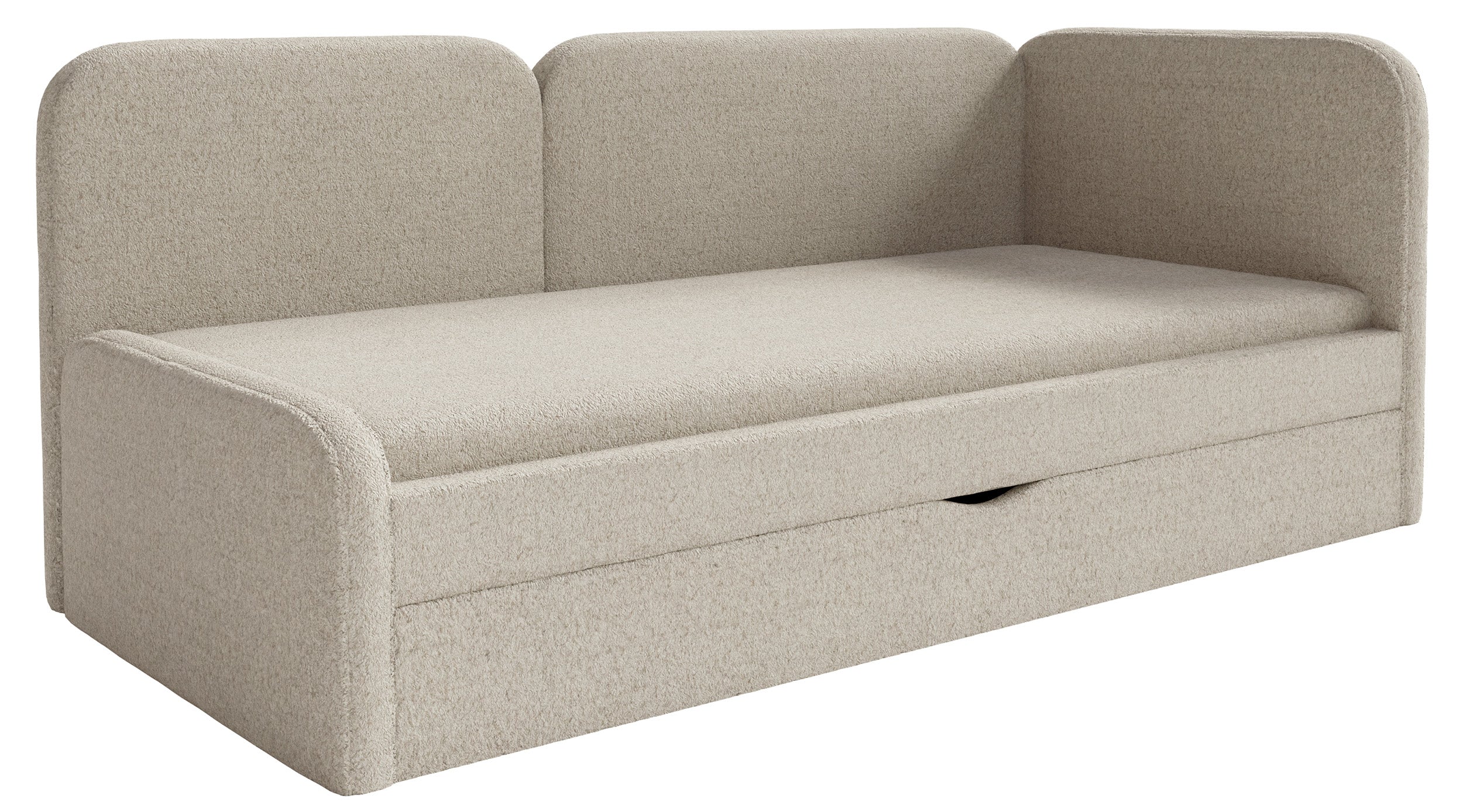 Jugendbett 90x200 cm Cuddy rechtsseitig mit Matratze und Stauraum, beige Plüsch, wasserabweisend