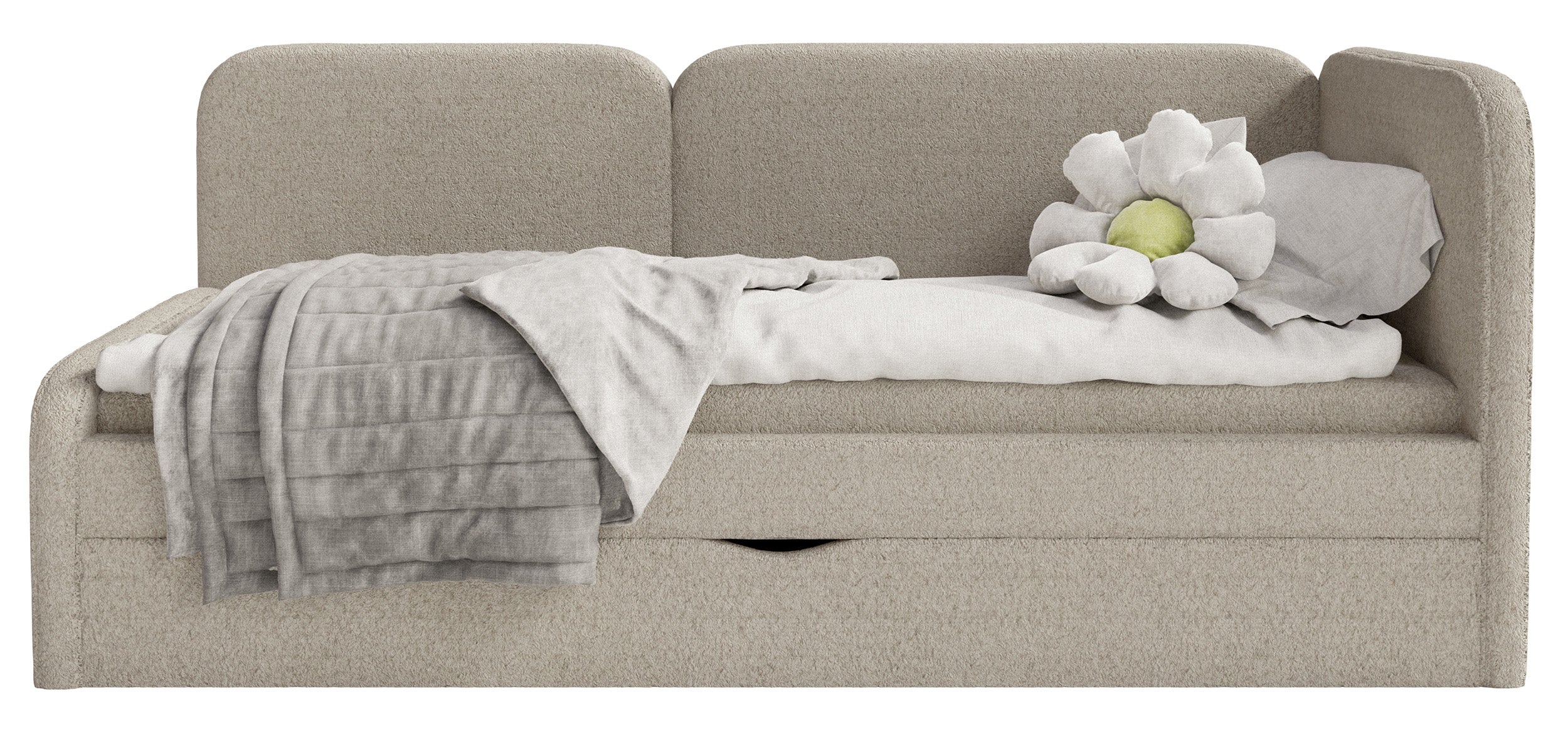 Jugendbett 90x200 cm Cuddy rechtsseitig mit Matratze und Stauraum, beige Plüsch, wasserabweisend