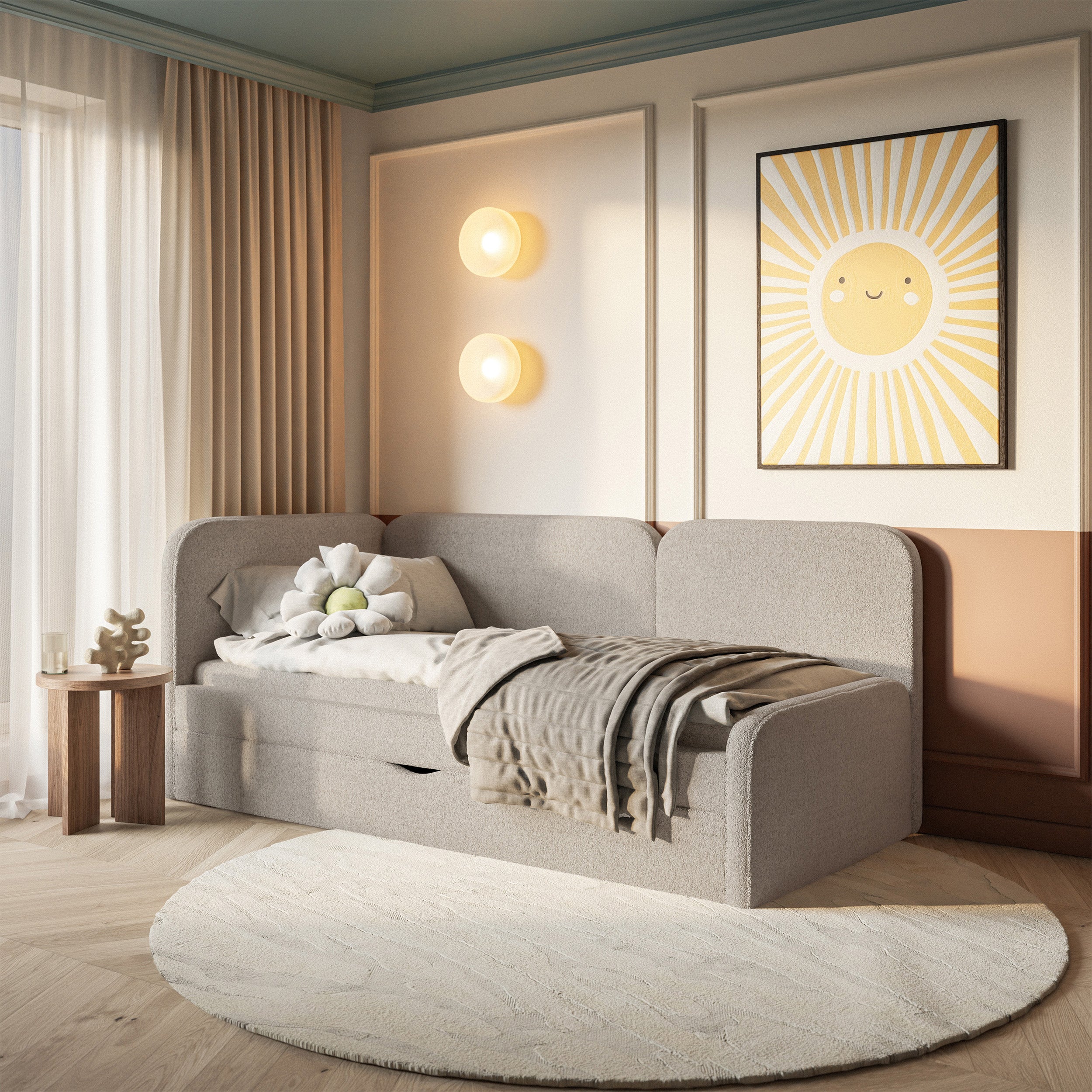Jugendbett 90x200 cm Cuddy linksseitig mit Matratze und Stauraum, beige Plüsch, wasserabweisend