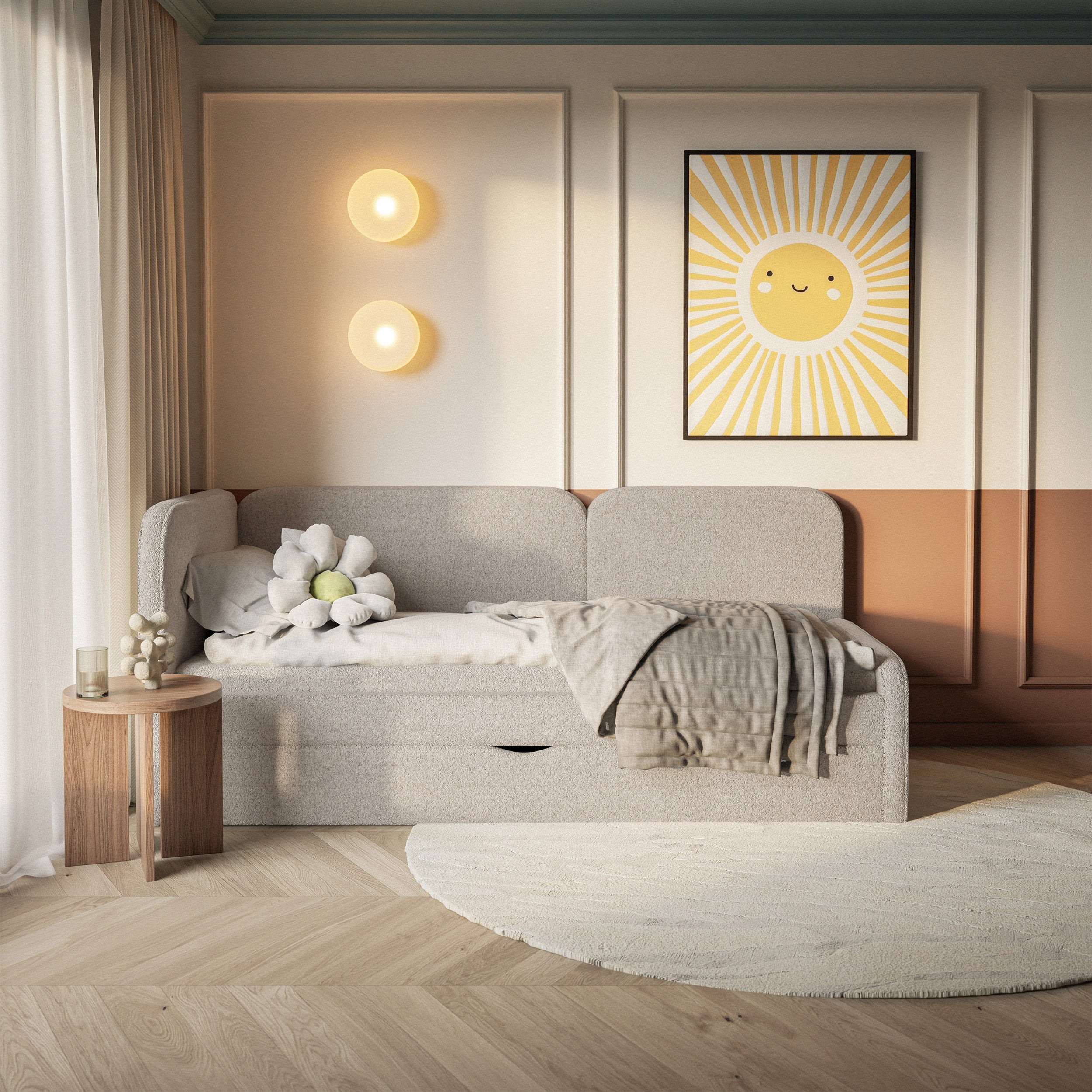Jugendbett 90x200 cm Cuddy linksseitig mit Matratze und Stauraum, beige Plüsch, wasserabweisend