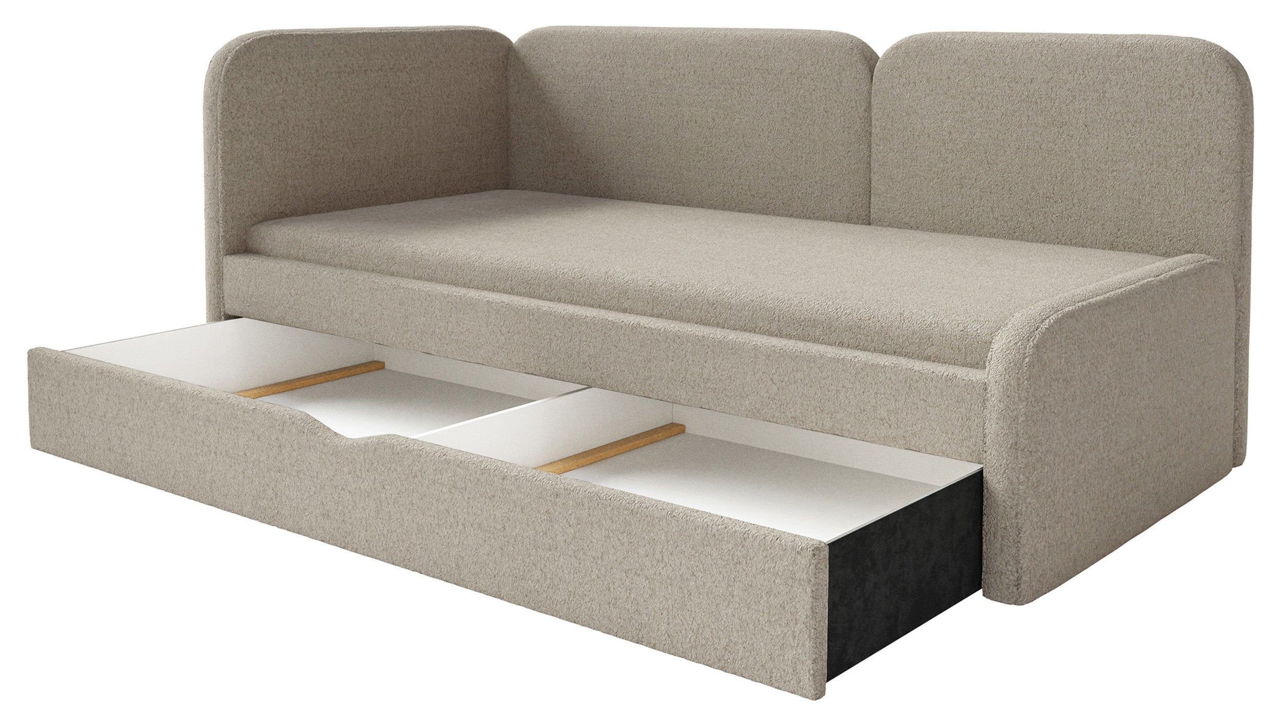 Jugendbett 90x200 cm Cuddy linksseitig mit Matratze und Stauraum, beige Plüsch, wasserabweisend