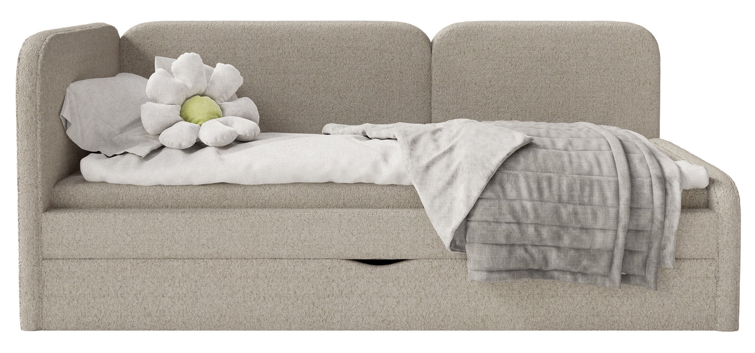 Jugendbett 90x200 cm Cuddy linksseitig mit Matratze und Stauraum, beige Plüsch, wasserabweisend