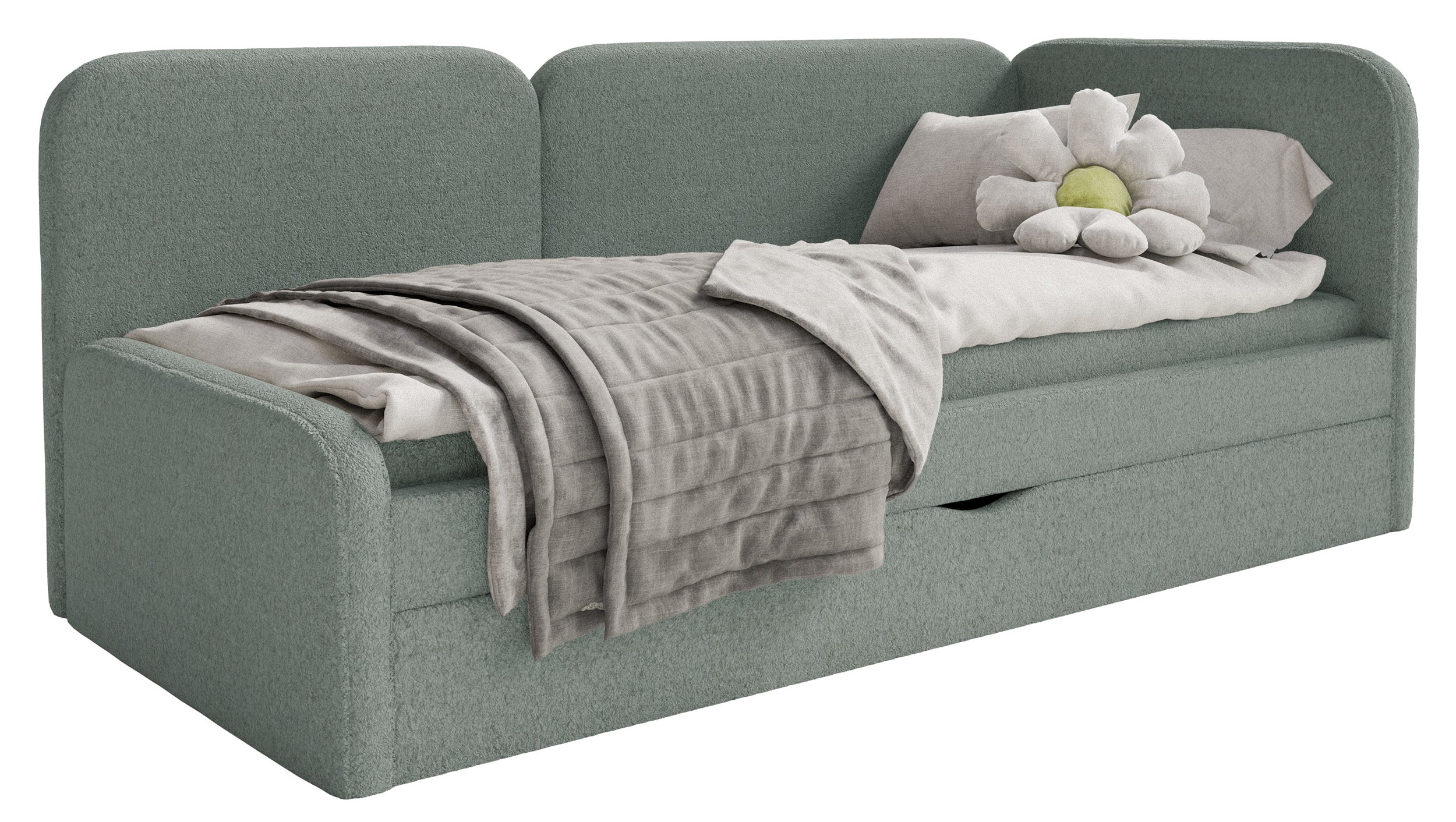 Jugendbett 90x200 cm Cuddy rechtsseitig mit Matratze und Stauraum, salbeigrüner Plüsch, wasserabweisend