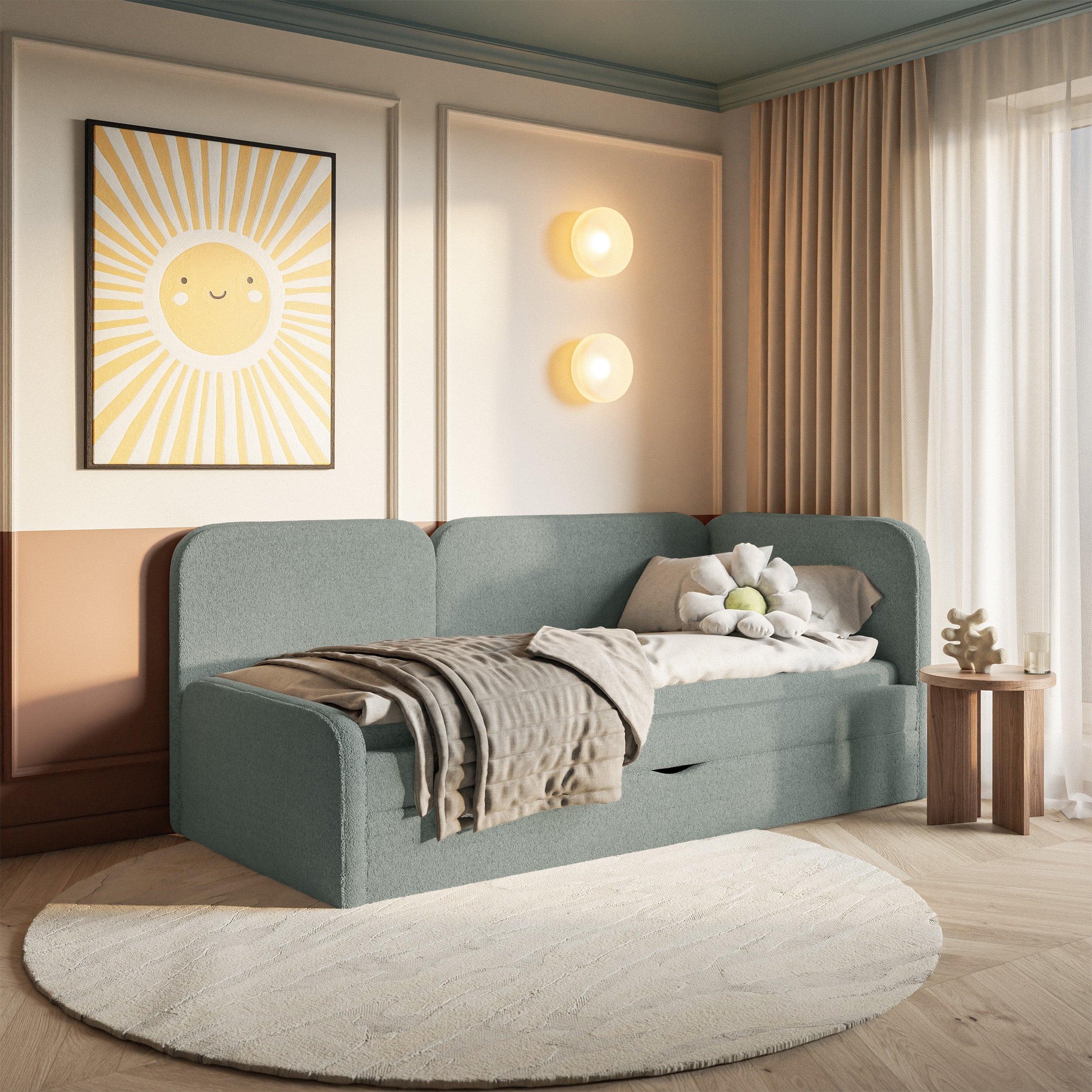 Jugendbett 90x200 cm Cuddy rechtsseitig mit Matratze und Stauraum, salbeigrüner Plüsch, wasserabweisend