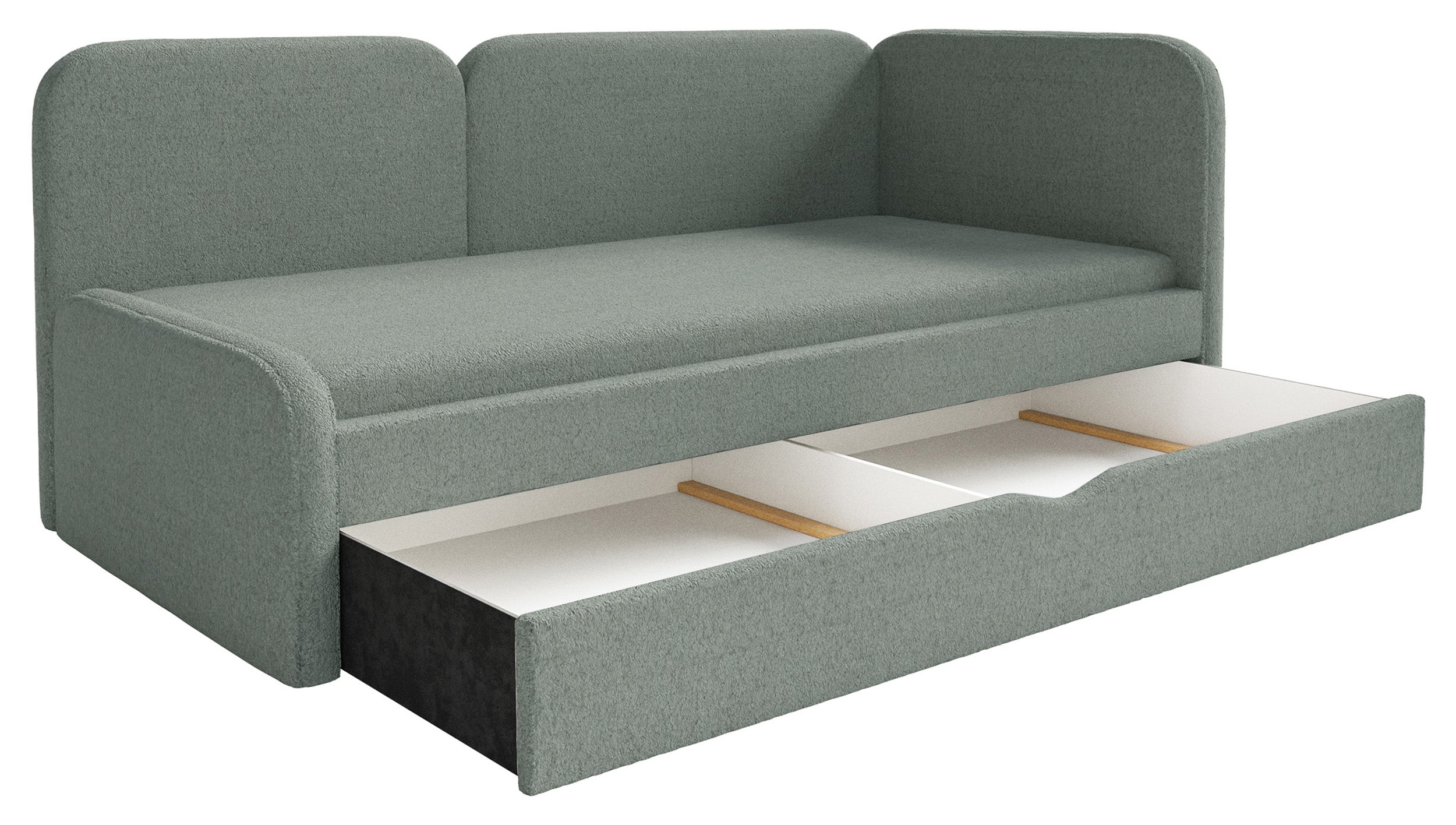 Jugendbett 90x200 cm Cuddy rechtsseitig mit Matratze und Stauraum, salbeigrüner Plüsch, wasserabweisend
