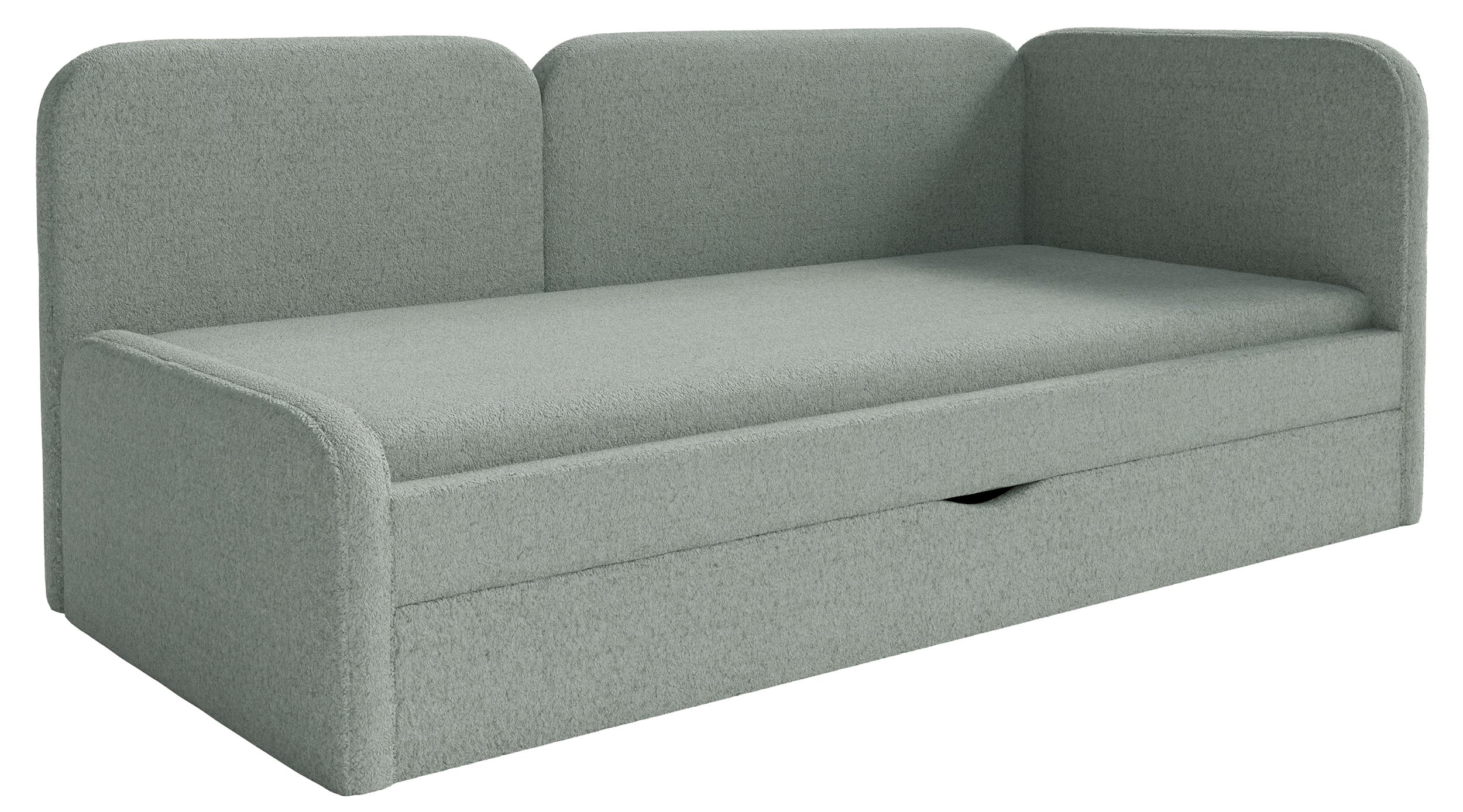 Jugendbett 90x200 cm Cuddy rechtsseitig mit Matratze und Stauraum, salbeigrüner Plüsch, wasserabweisend