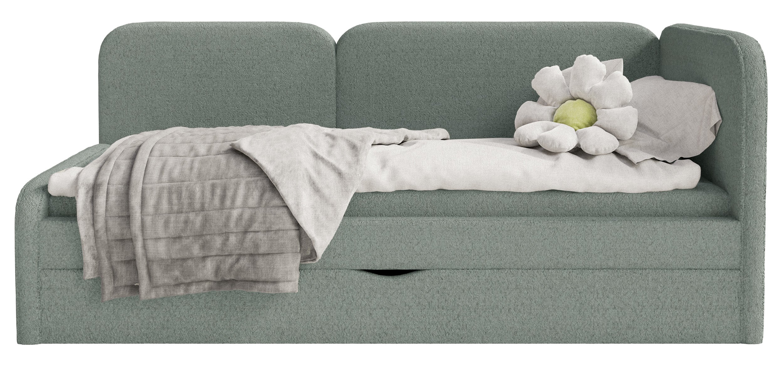 Jugendbett 90x200 cm Cuddy rechtsseitig mit Matratze und Stauraum, salbeigrüner Plüsch, wasserabweisend