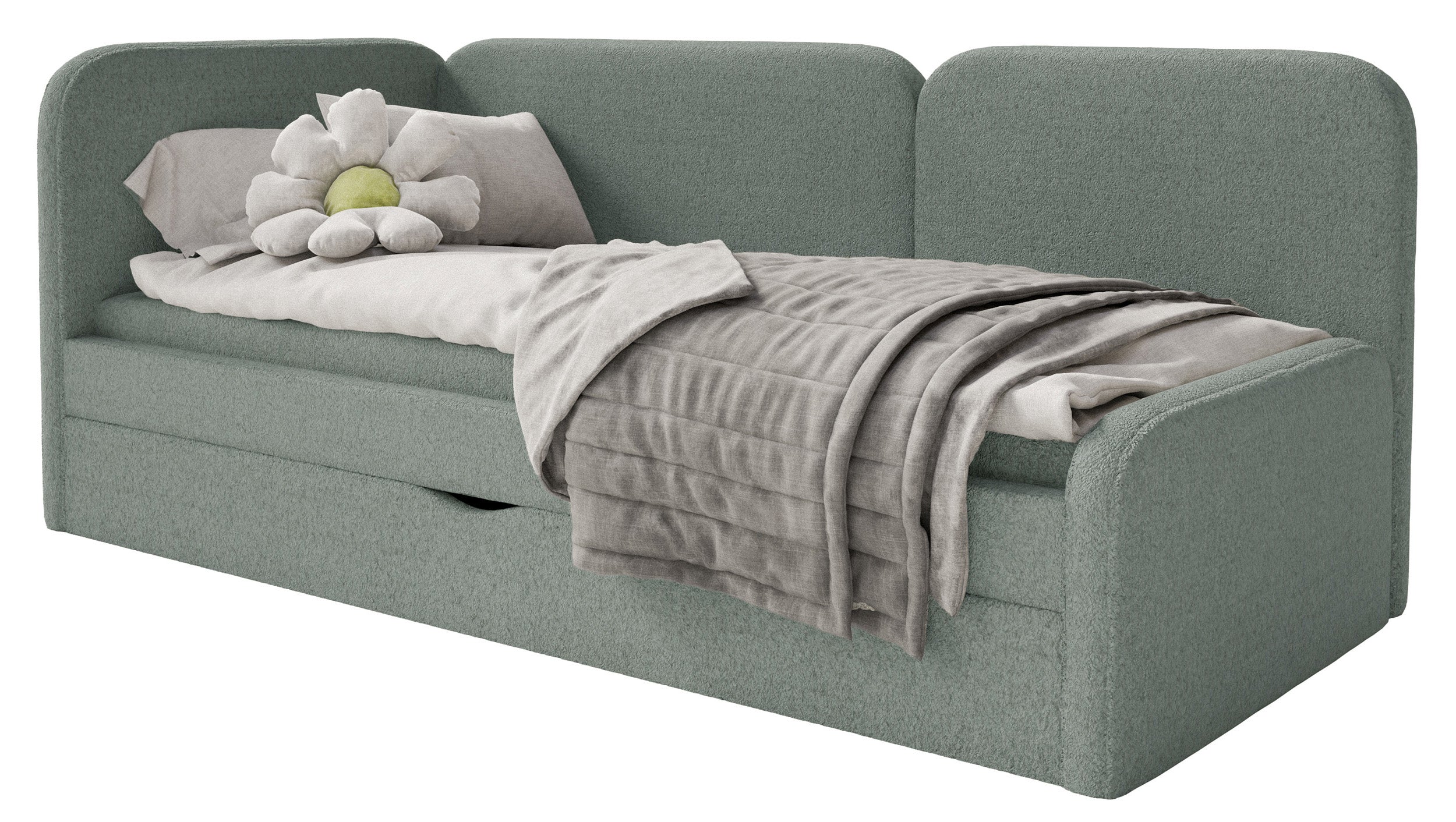 Jugendbett 90x200 cm Cuddy linksseitig mit Matratze und Stauraum, salbeigrüner Plüsch, wasserabweisend