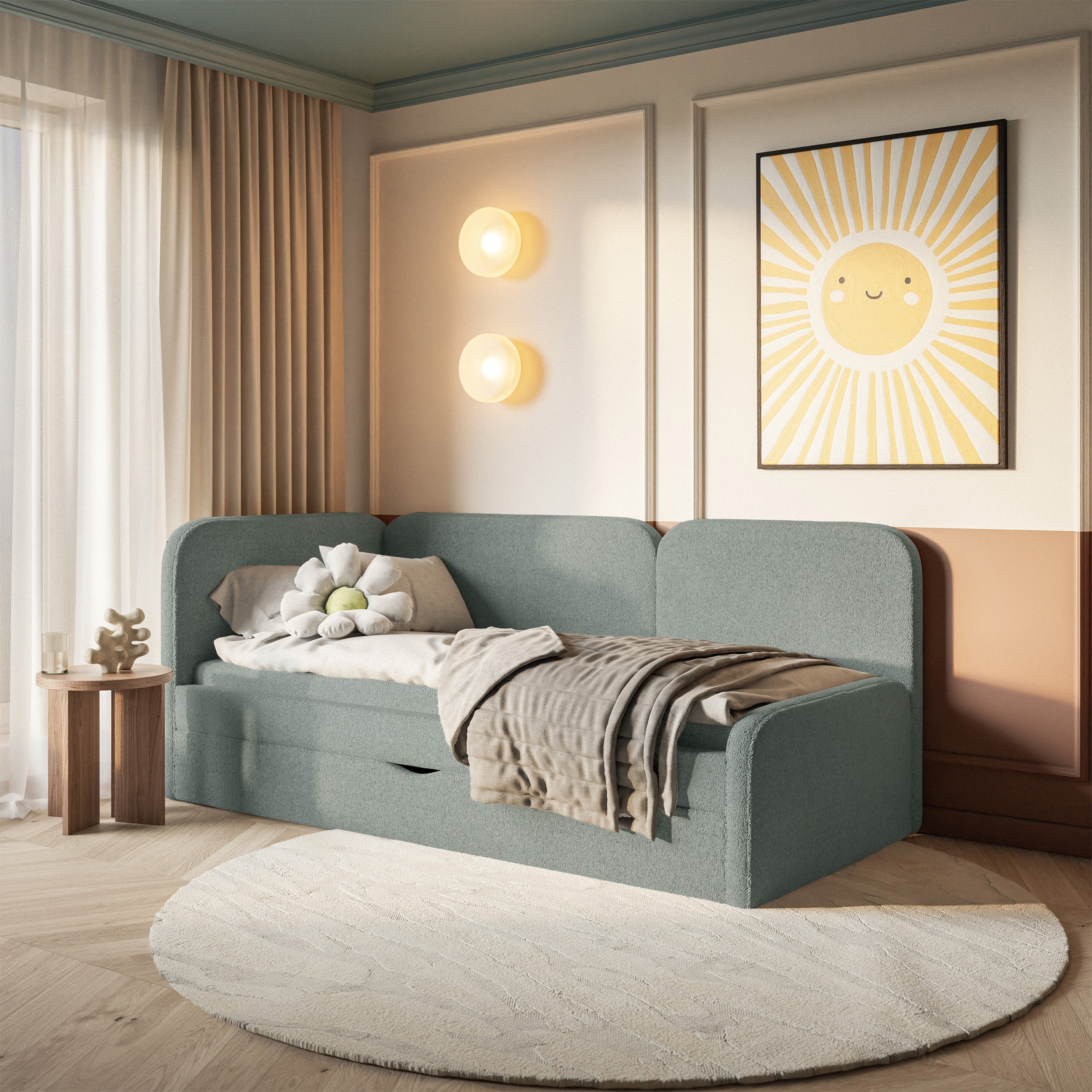Jugendbett 90x200 cm Cuddy linksseitig mit Matratze und Stauraum, salbeigrüner Plüsch, wasserabweisend