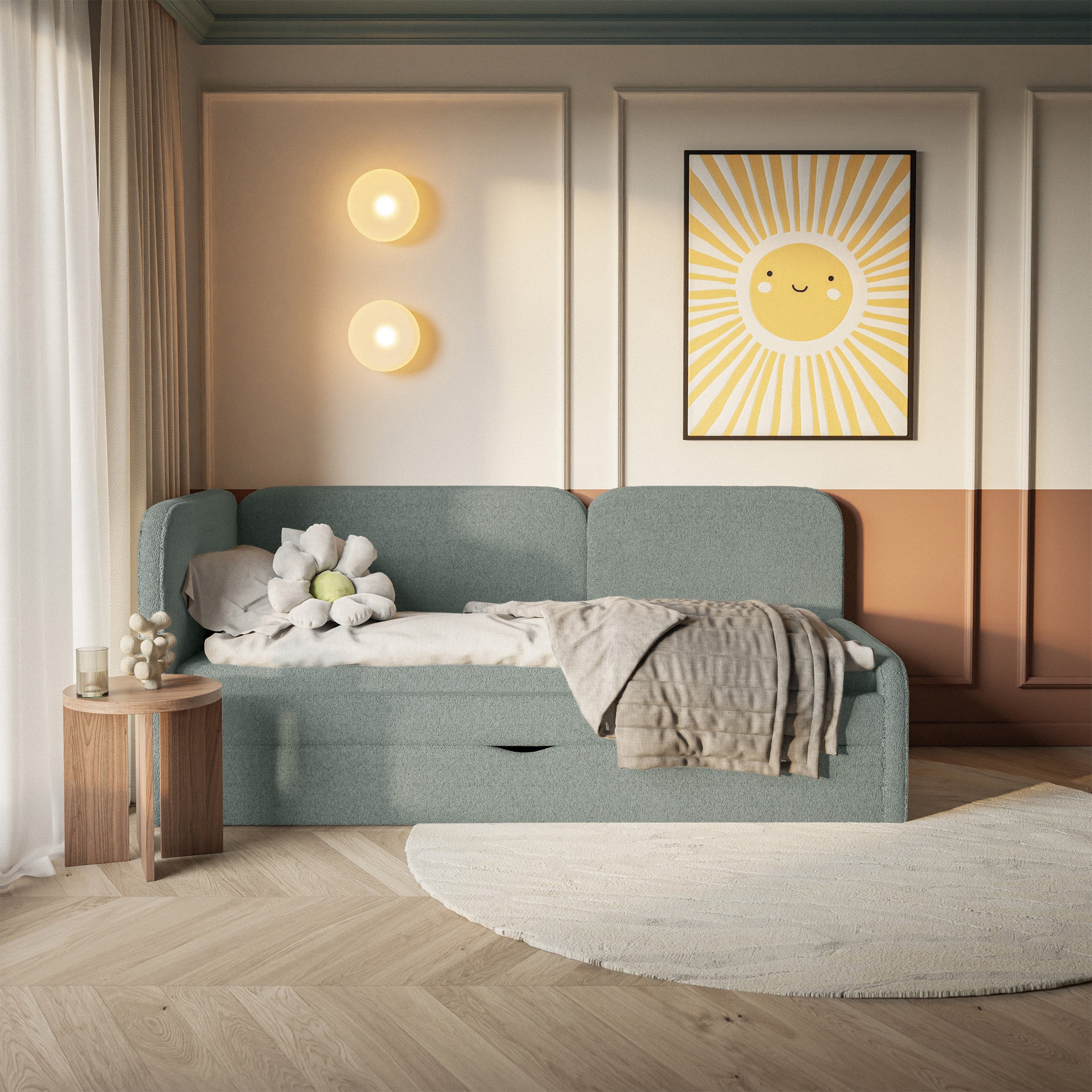 Jugendbett 90x200 cm Cuddy linksseitig mit Matratze und Stauraum, salbeigrüner Plüsch, wasserabweisend