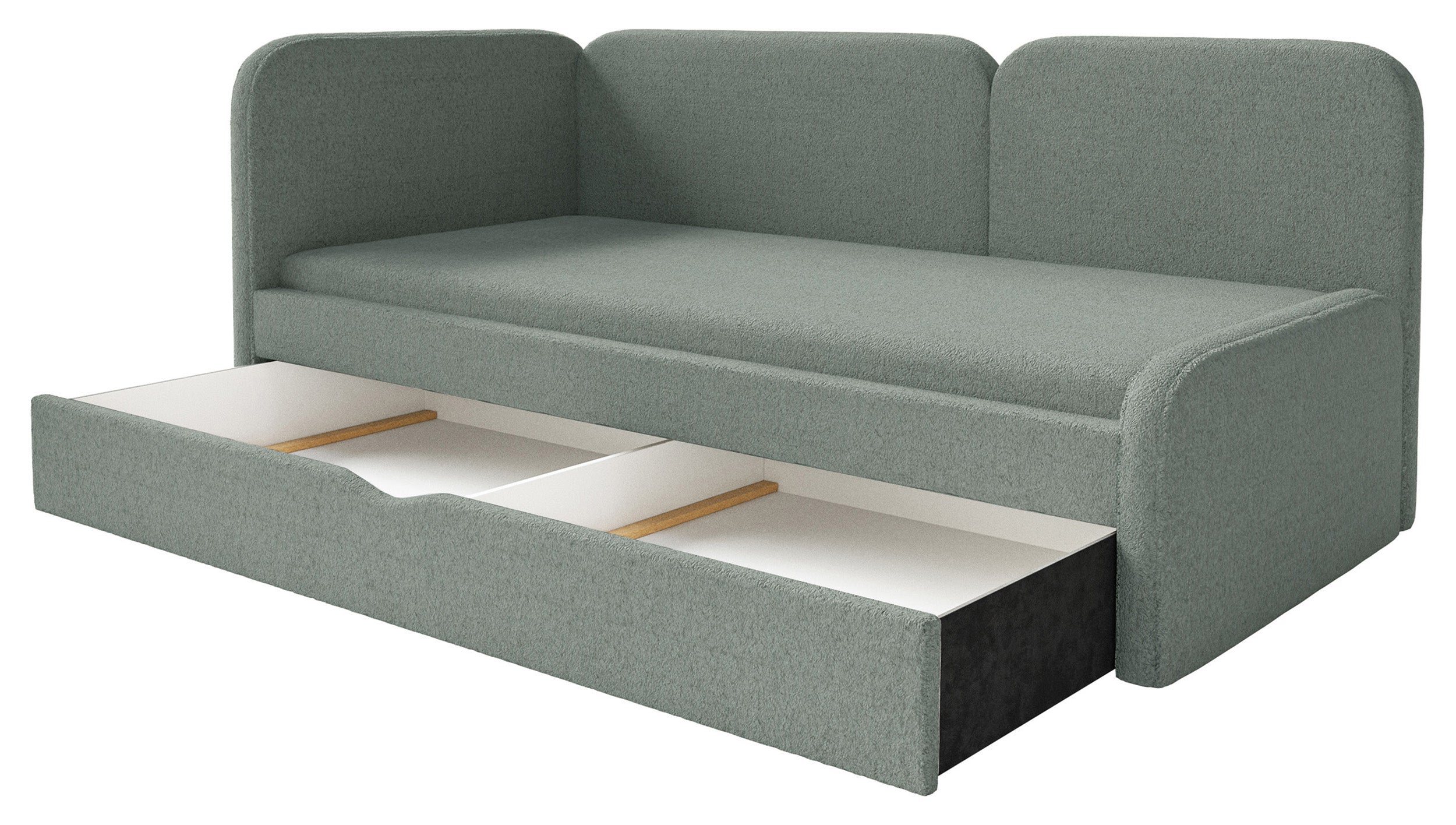 Jugendbett 90x200 cm Cuddy linksseitig mit Matratze und Stauraum, salbeigrüner Plüsch, wasserabweisend