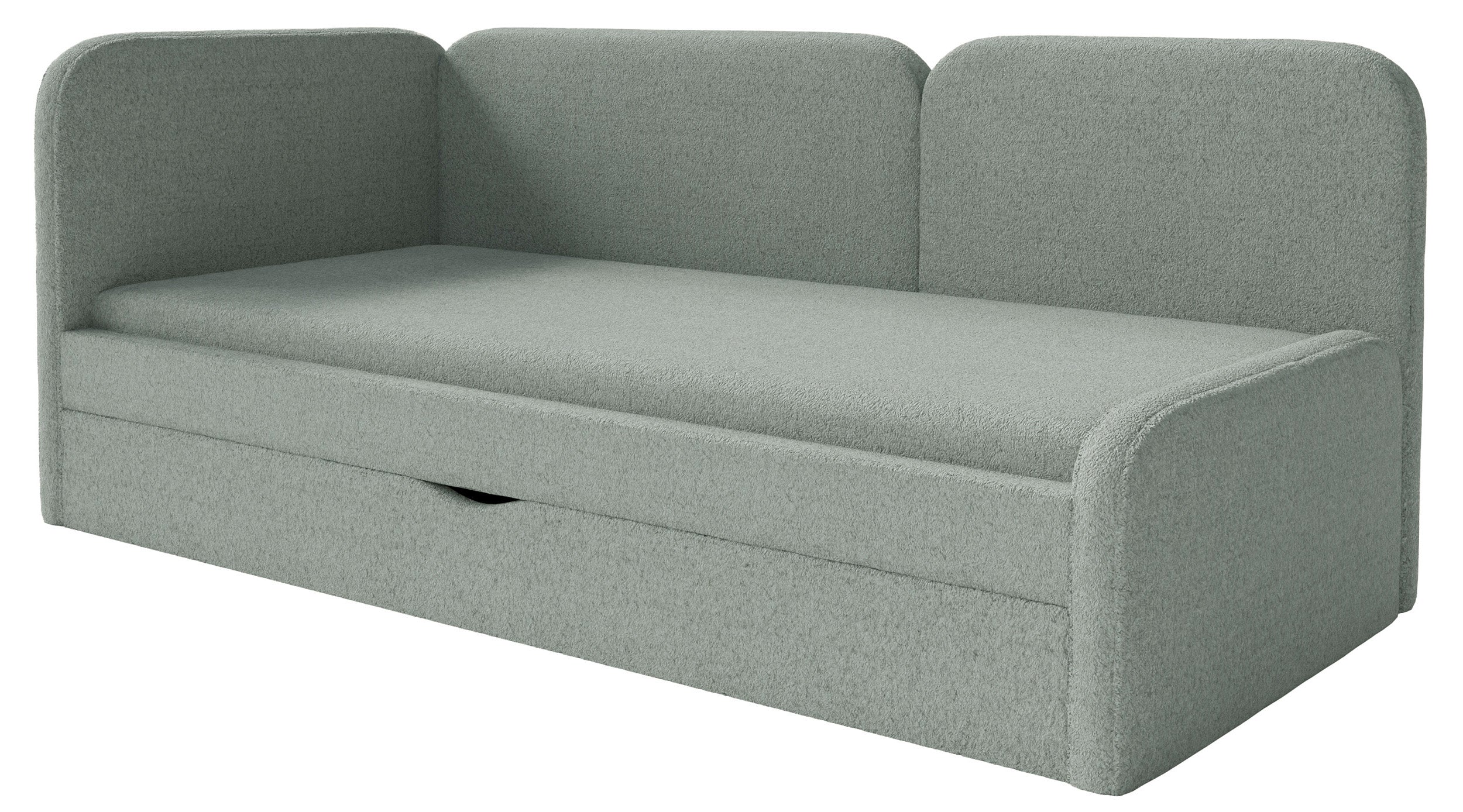 Jugendbett 90x200 cm Cuddy linksseitig mit Matratze und Stauraum, salbeigrüner Plüsch, wasserabweisend