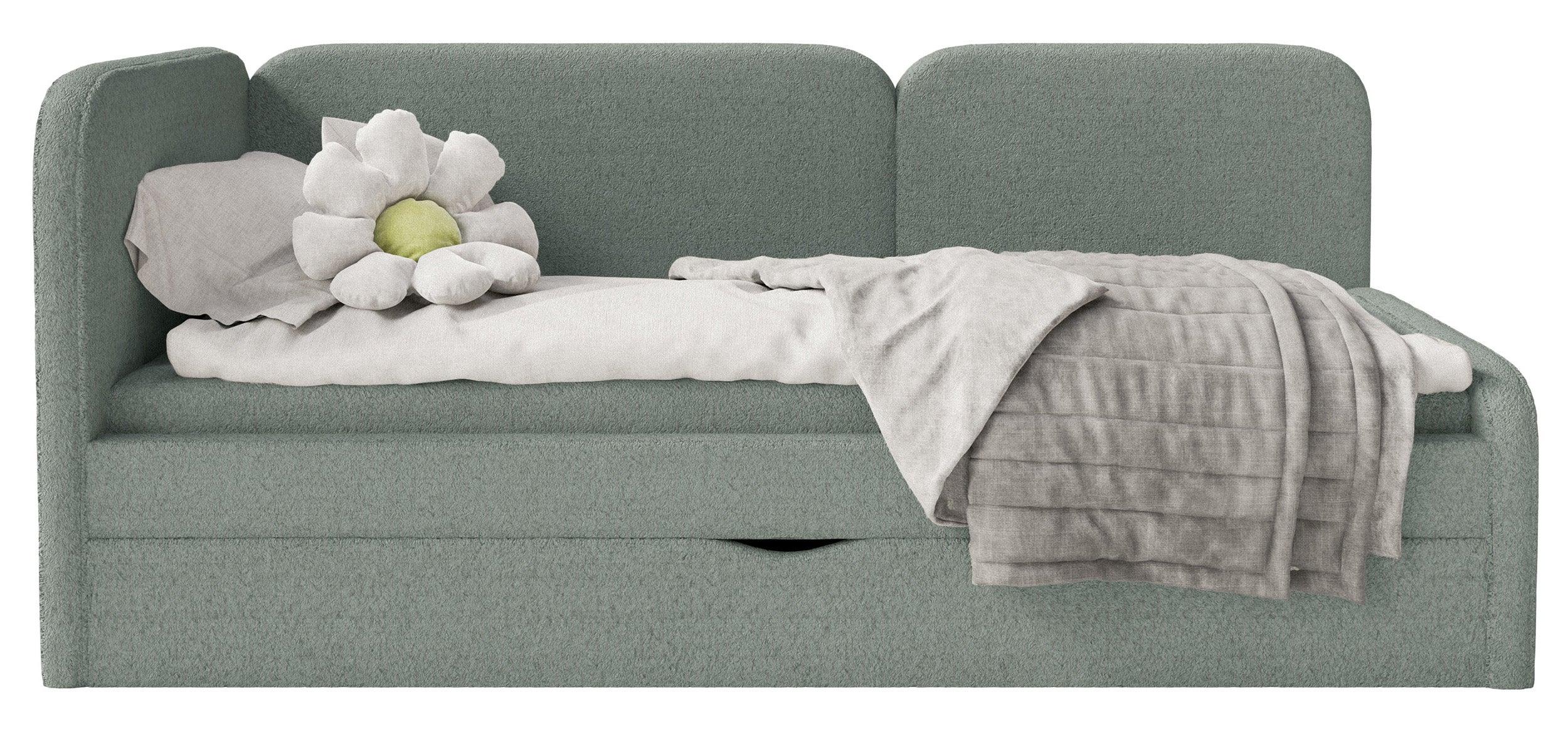 Jugendbett 90x200 cm Cuddy linksseitig mit Matratze und Stauraum, salbeigrüner Plüsch, wasserabweisend