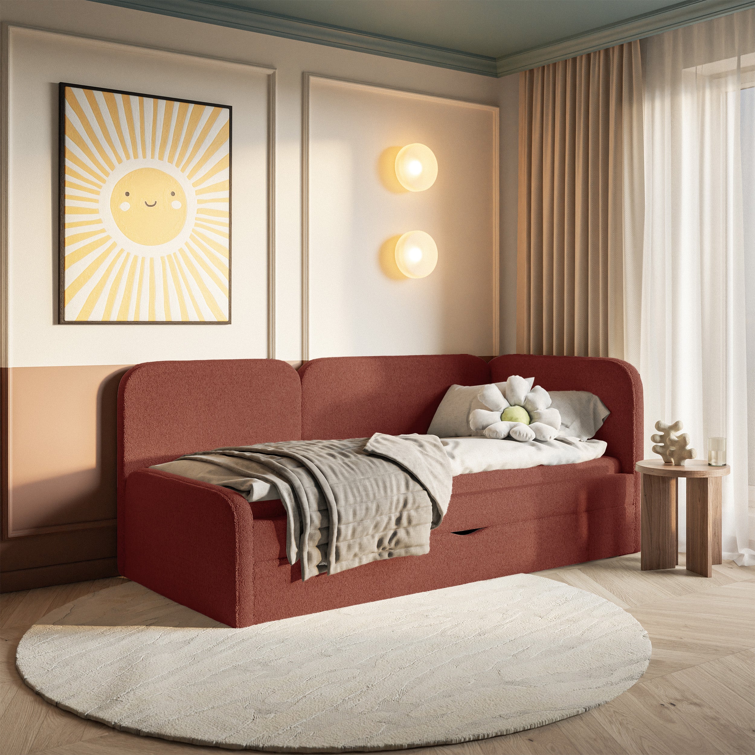 Jugendbett 90x200 cm Cuddy rechtsseitig mit Matratze und Aufbewahrung, ziegelroter Plüsch, wasserabweisend