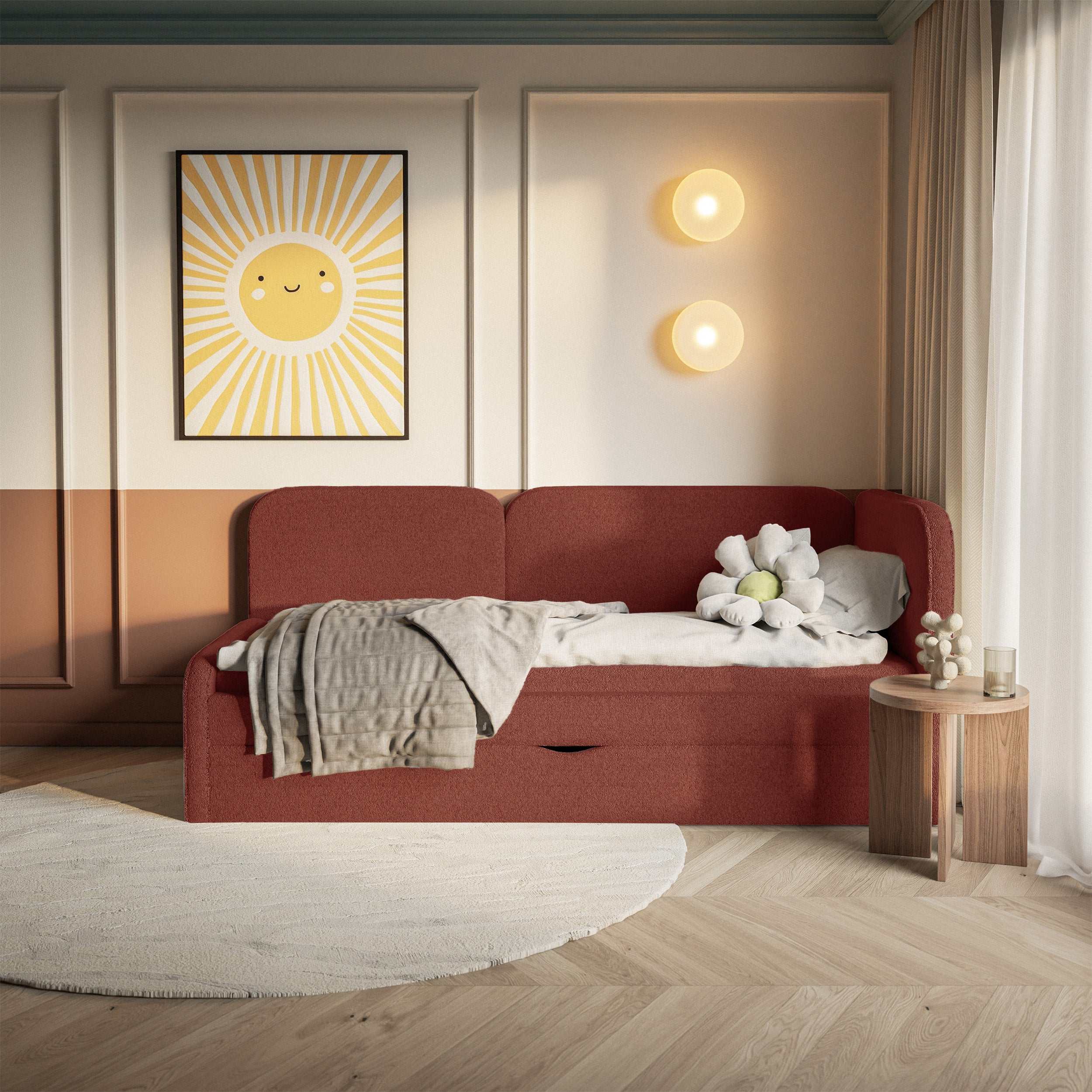 Jugendbett 90x200 cm Cuddy rechtsseitig mit Matratze und Aufbewahrung, ziegelroter Plüsch, wasserabweisend