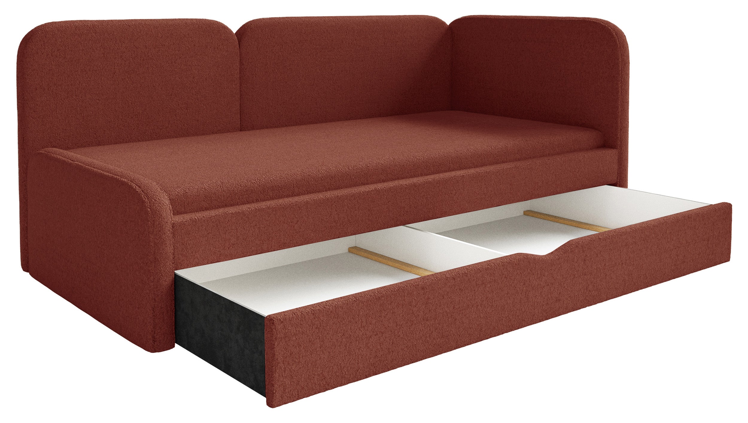 Jugendbett 90x200 cm Cuddy rechtsseitig mit Matratze und Aufbewahrung, ziegelroter Plüsch, wasserabweisend