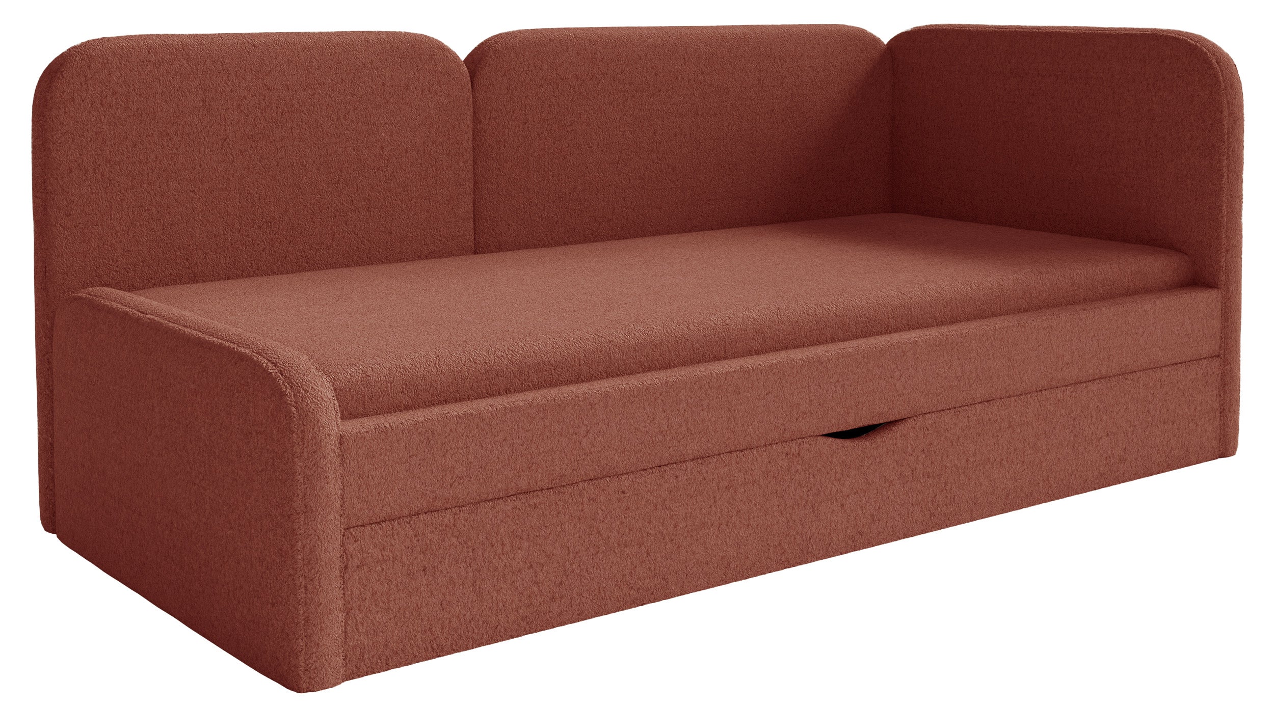 Jugendbett 90x200 cm Cuddy rechtsseitig mit Matratze und Aufbewahrung, ziegelroter Plüsch, wasserabweisend