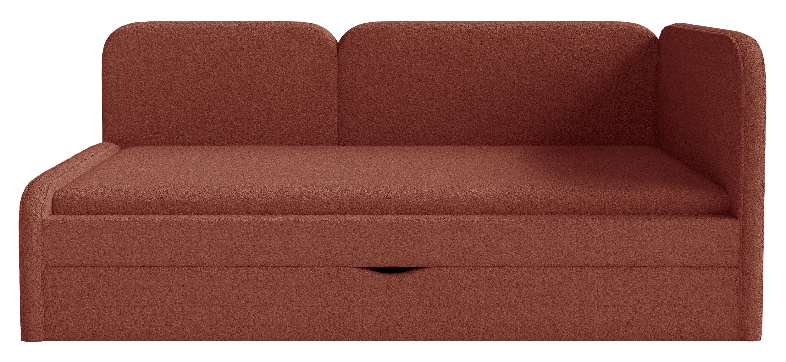 Jugendbett 90x200 cm Cuddy rechtsseitig mit Matratze und Aufbewahrung, ziegelroter Plüsch, wasserabweisend