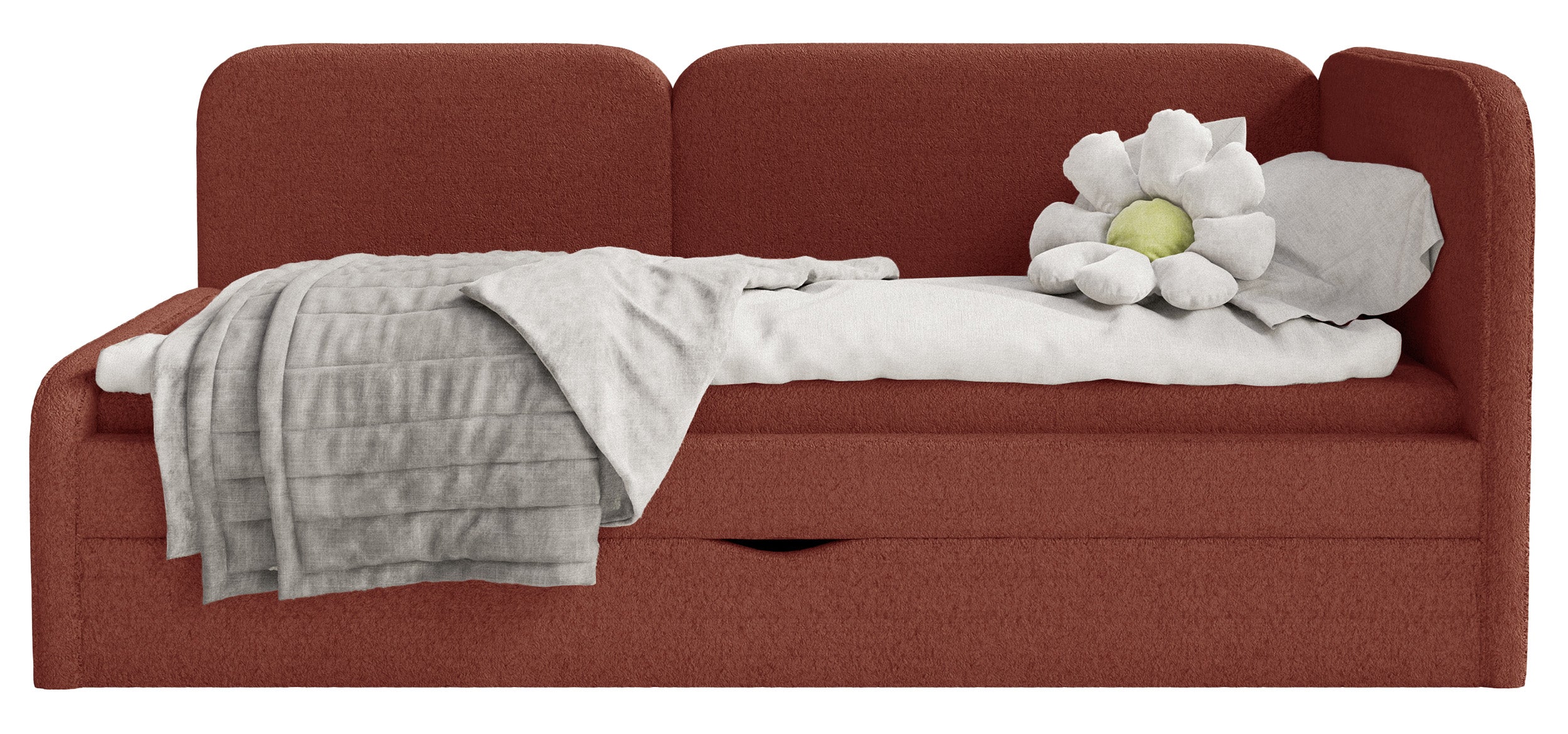 Jugendbett 90x200 cm Cuddy rechtsseitig mit Matratze und Aufbewahrung, ziegelroter Plüsch, wasserabweisend