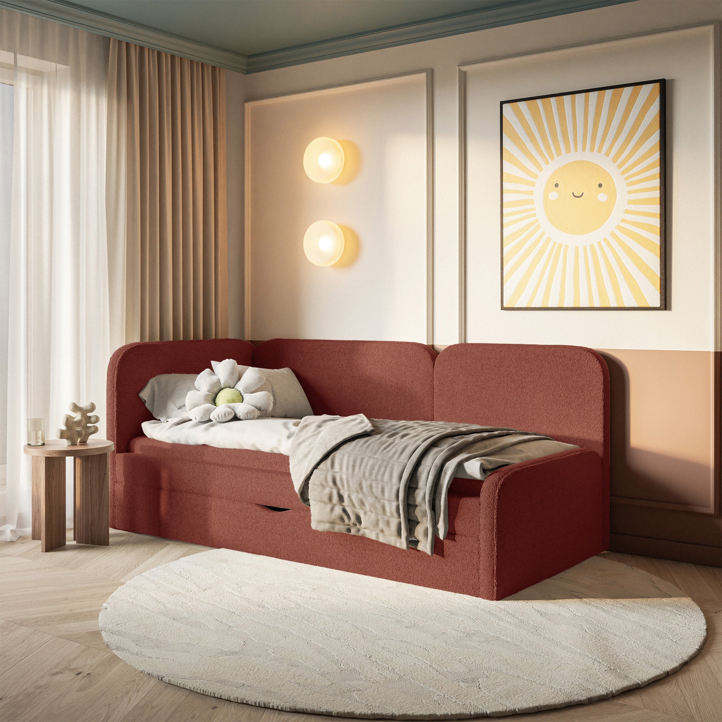 Jugendbett 90x200 cm Cuddy linksseitig mit Matratze und Stauraum, ziegelroter, wasserabweisender Plüsch