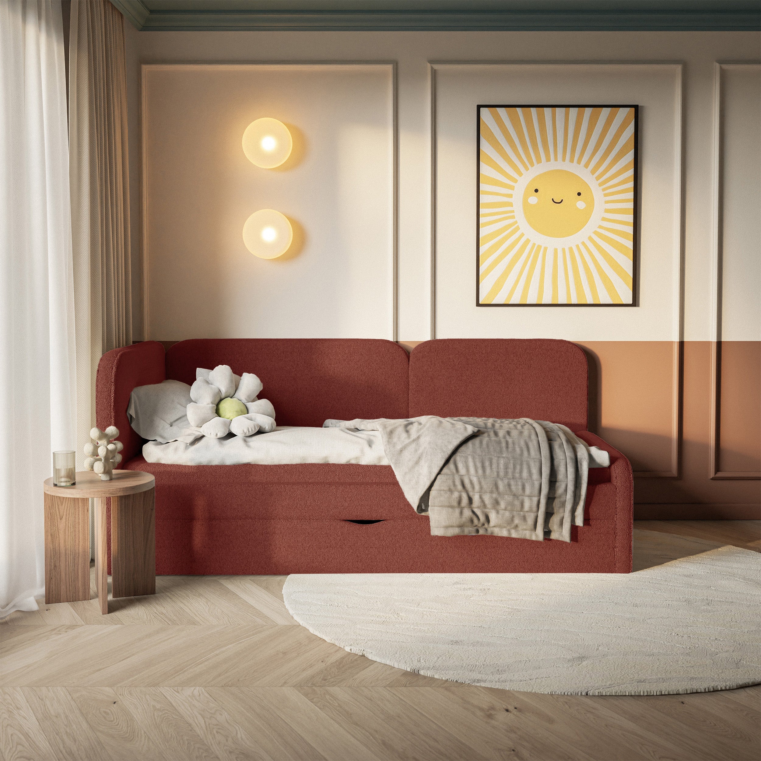 Jugendbett 90x200 cm Cuddy linksseitig mit Matratze und Stauraum, ziegelroter, wasserabweisender Plüsch