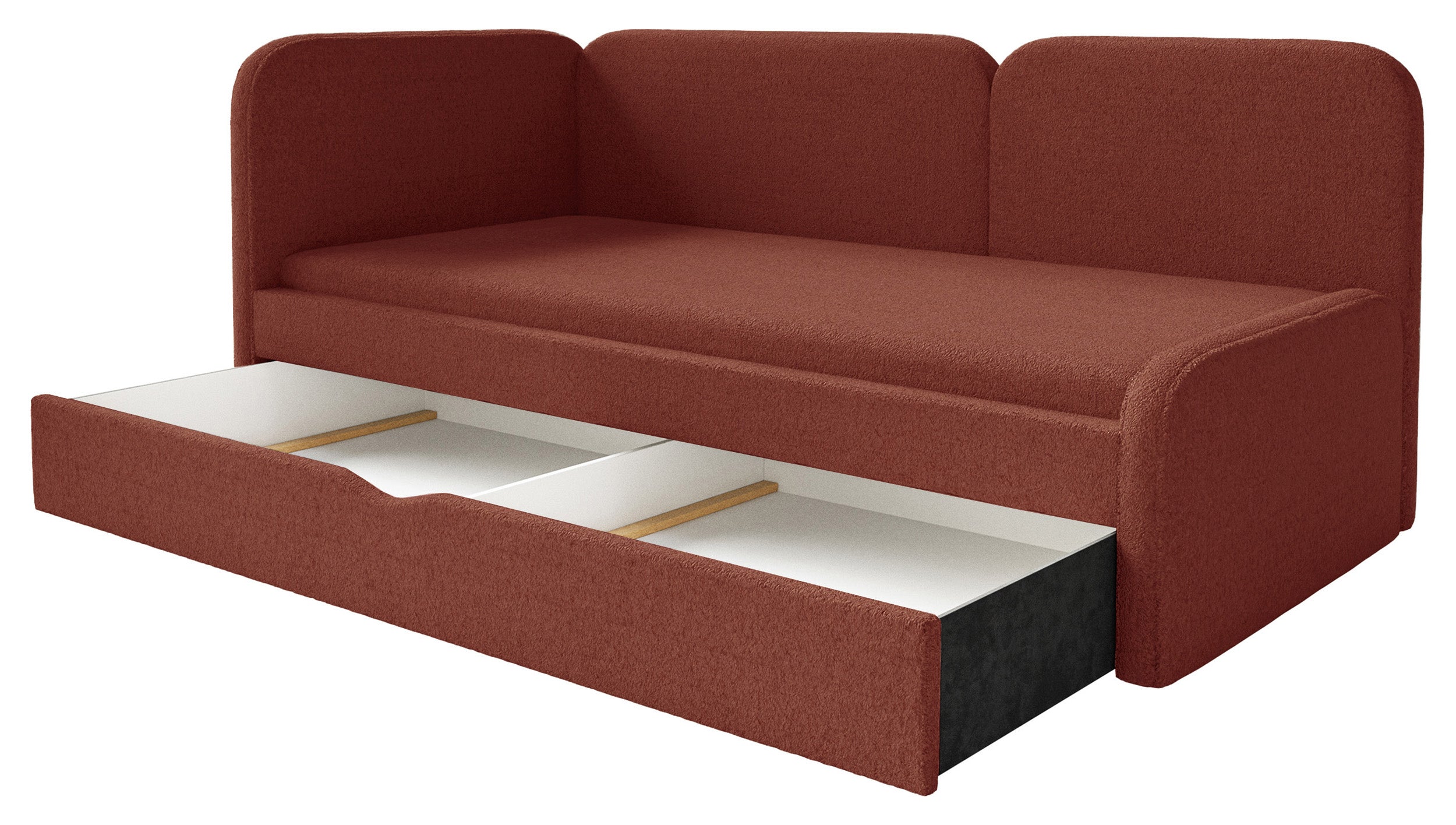 Jugendbett 90x200 cm Cuddy linksseitig mit Matratze und Stauraum, ziegelroter, wasserabweisender Plüsch
