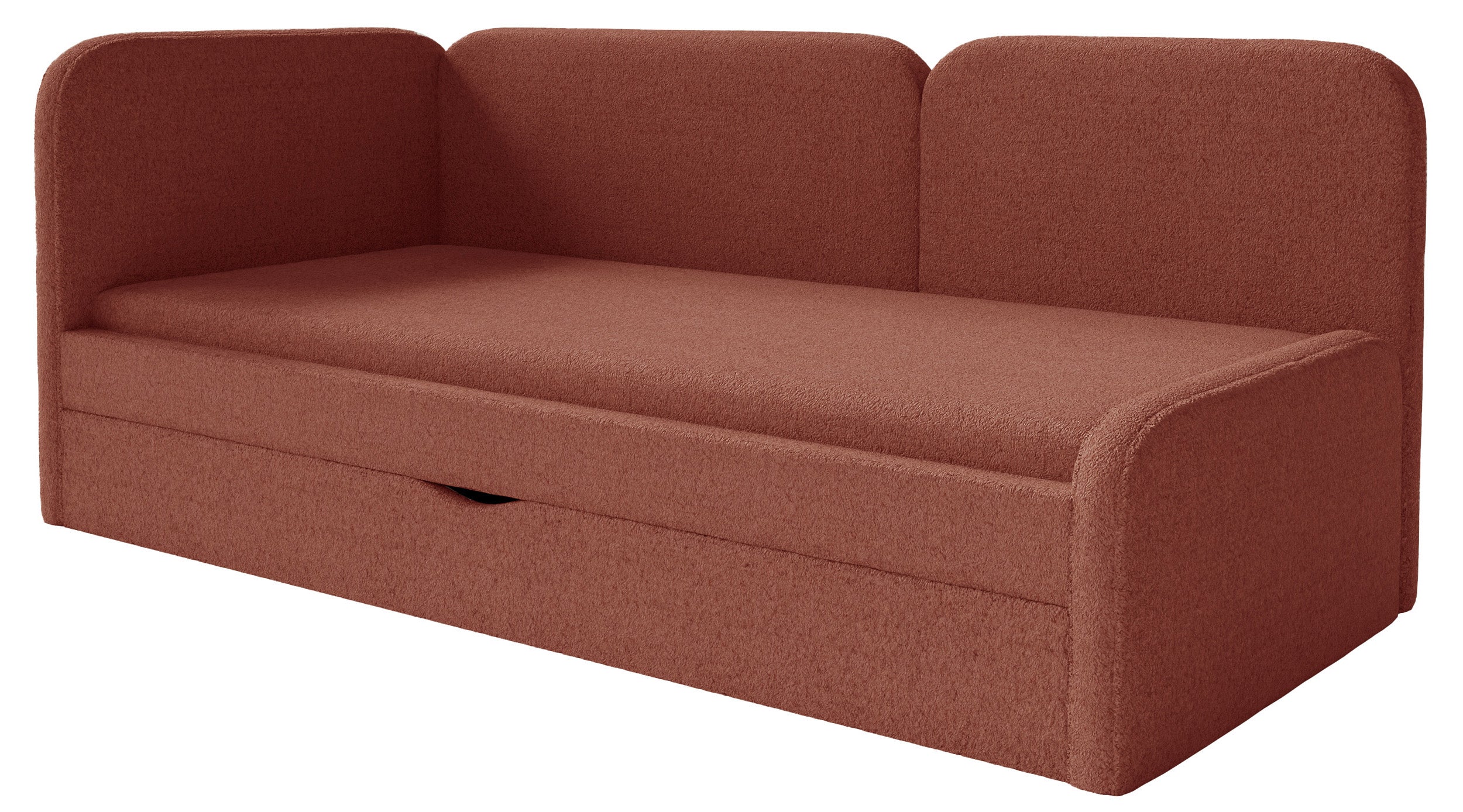 Jugendbett 90x200 cm Cuddy linksseitig mit Matratze und Stauraum, ziegelroter, wasserabweisender Plüsch