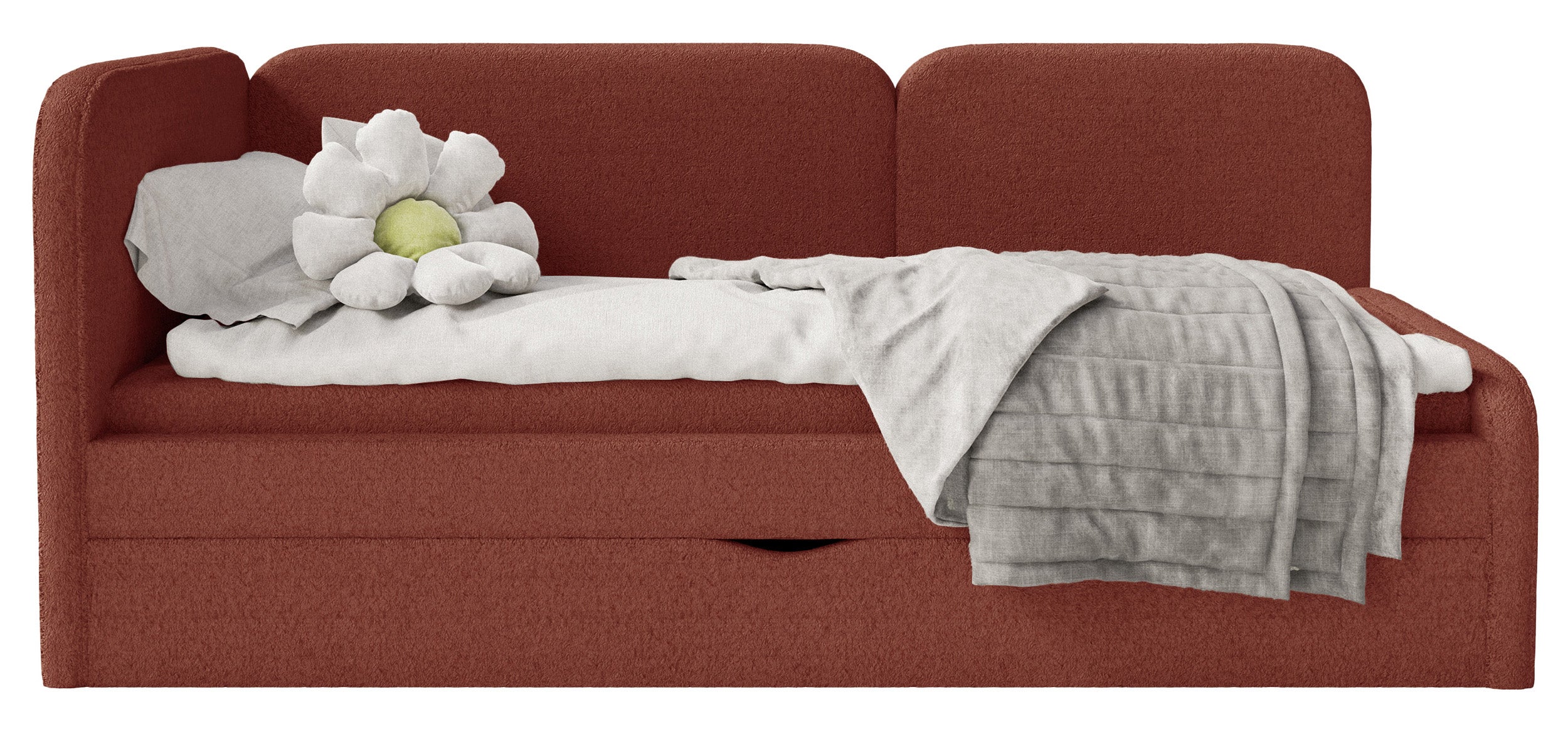 Jugendbett 90x200 cm Cuddy linksseitig mit Matratze und Stauraum, ziegelroter, wasserabweisender Plüsch