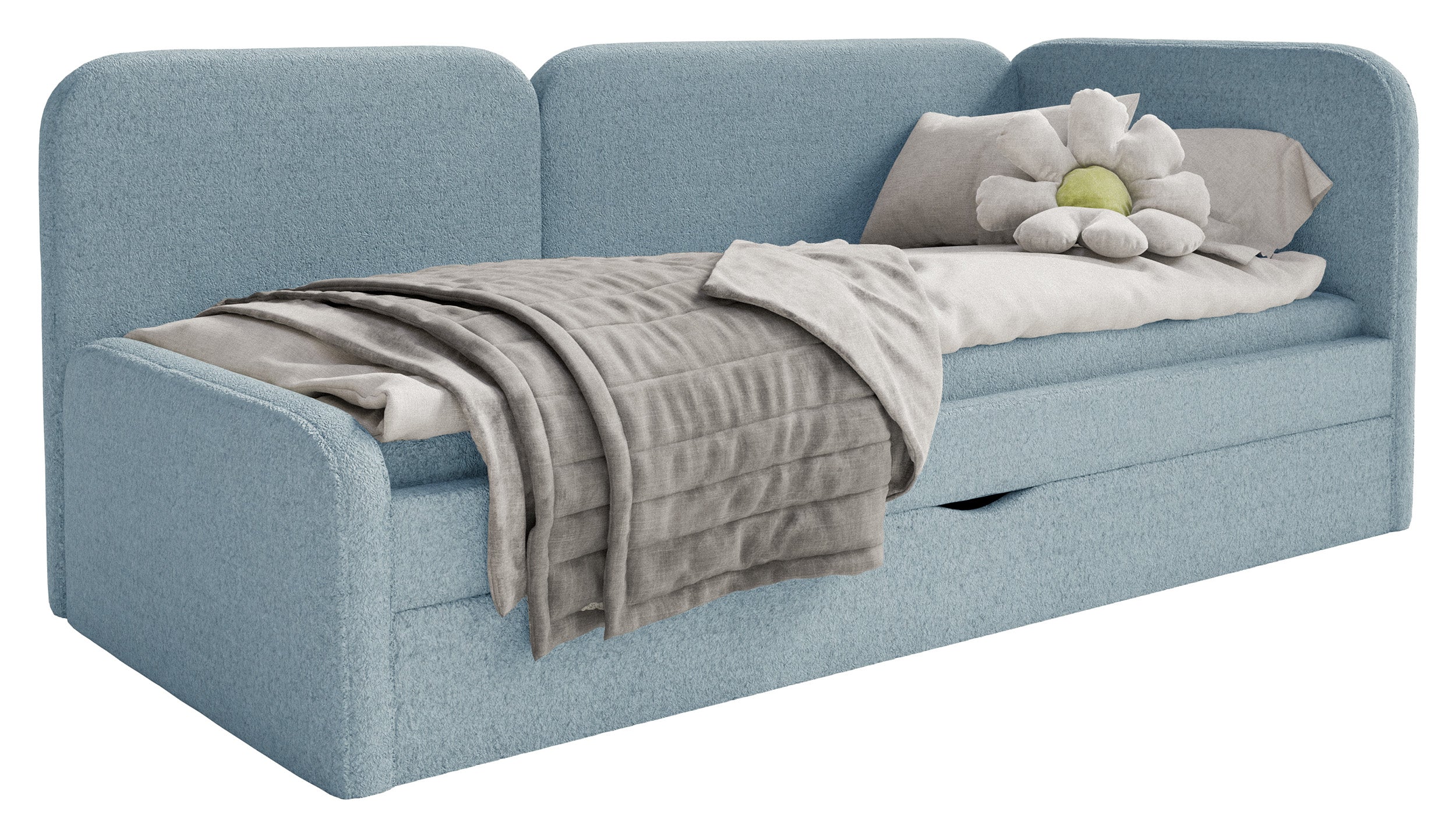 Jugendbett 90x200 cm Cuddy rechtsseitig mit Matratze und Stauraum, hellblau, plüsch, wasserabweisend