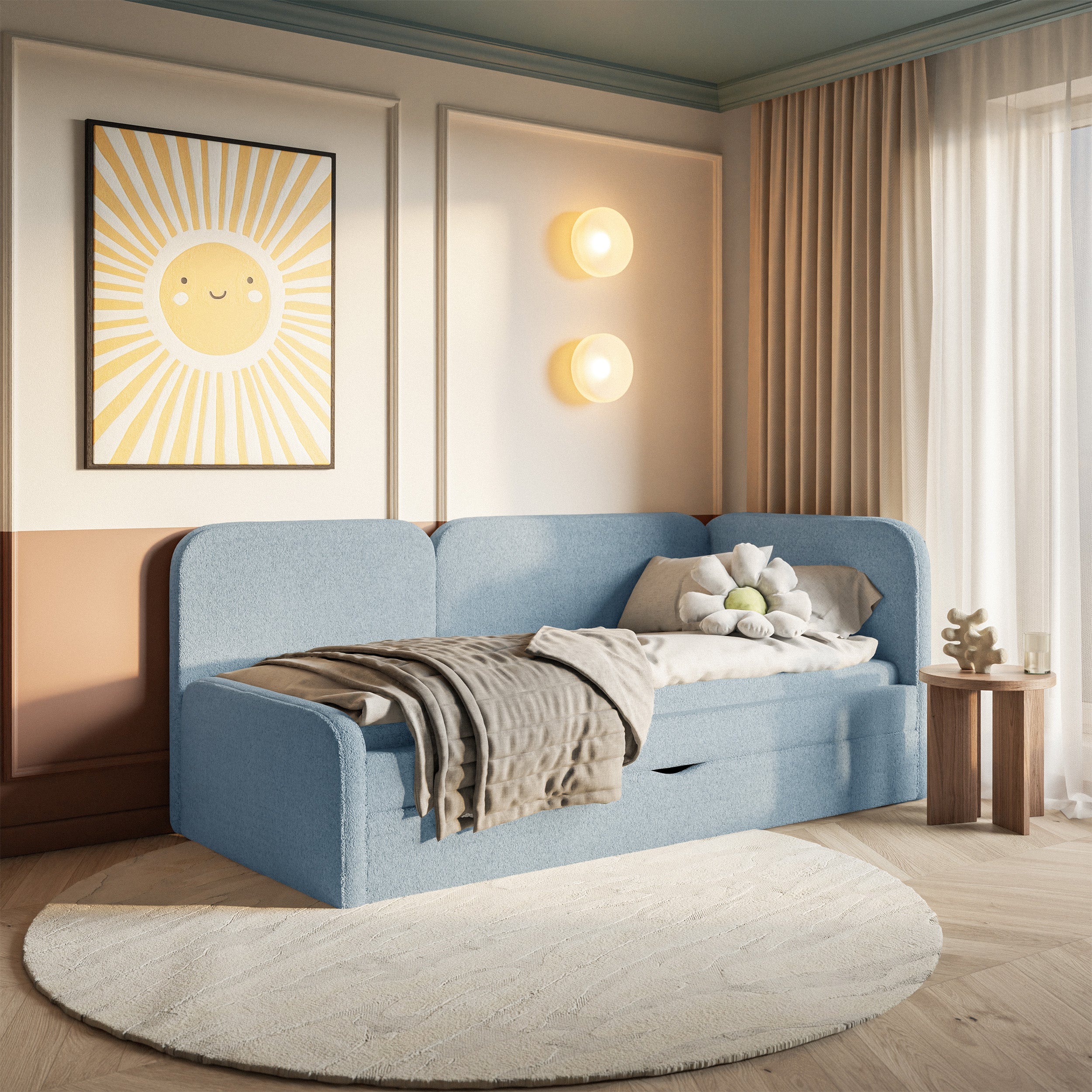 Jugendbett 90x200 cm Cuddy rechtsseitig mit Matratze und Stauraum, hellblau, plüsch, wasserabweisend