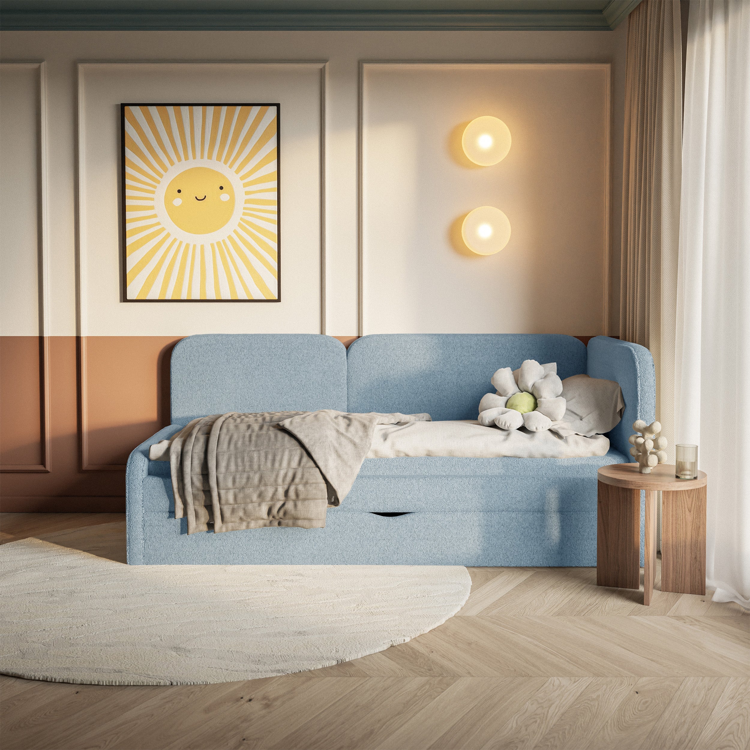 Jugendbett 90x200 cm Cuddy rechtsseitig mit Matratze und Stauraum, hellblau, plüsch, wasserabweisend