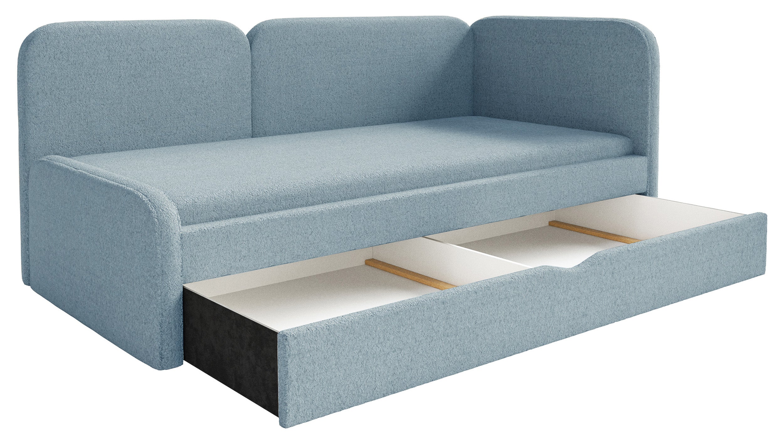 Jugendbett 90x200 cm Cuddy rechtsseitig mit Matratze und Stauraum, hellblau, plüsch, wasserabweisend