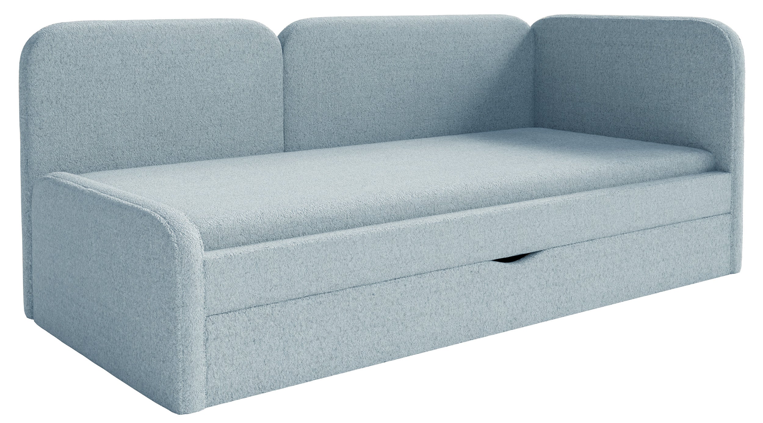 Jugendbett 90x200 cm Cuddy rechtsseitig mit Matratze und Stauraum, hellblau, plüsch, wasserabweisend