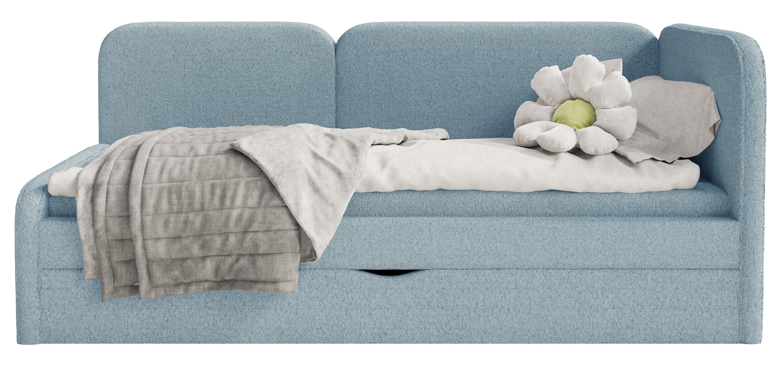 Jugendbett 90x200 cm Cuddy rechtsseitig mit Matratze und Stauraum, hellblau, plüsch, wasserabweisend