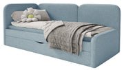 Jugendbett 90x200 cm Cuddy linksseitig mit Matratze und Stauraum, hellblaues hydrophobes Plüschmaterial