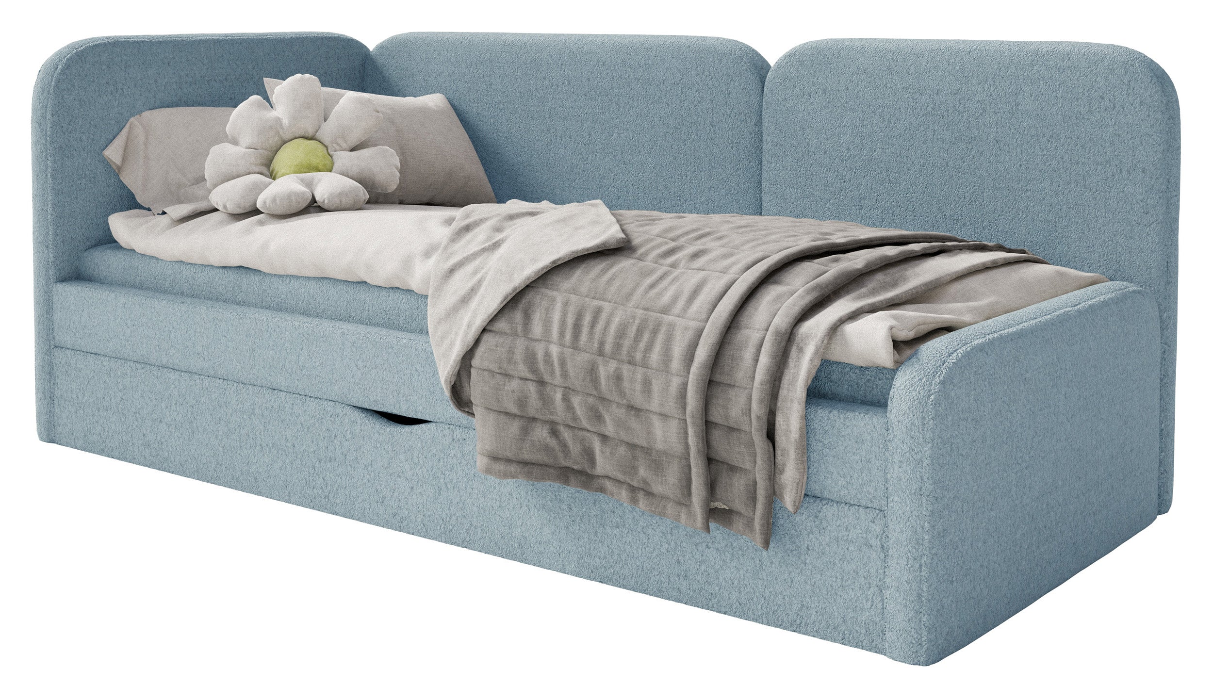 Jugendbett 90x200 cm Cuddy linksseitig mit Matratze und Stauraum, hellblaues hydrophobes Plüschmaterial