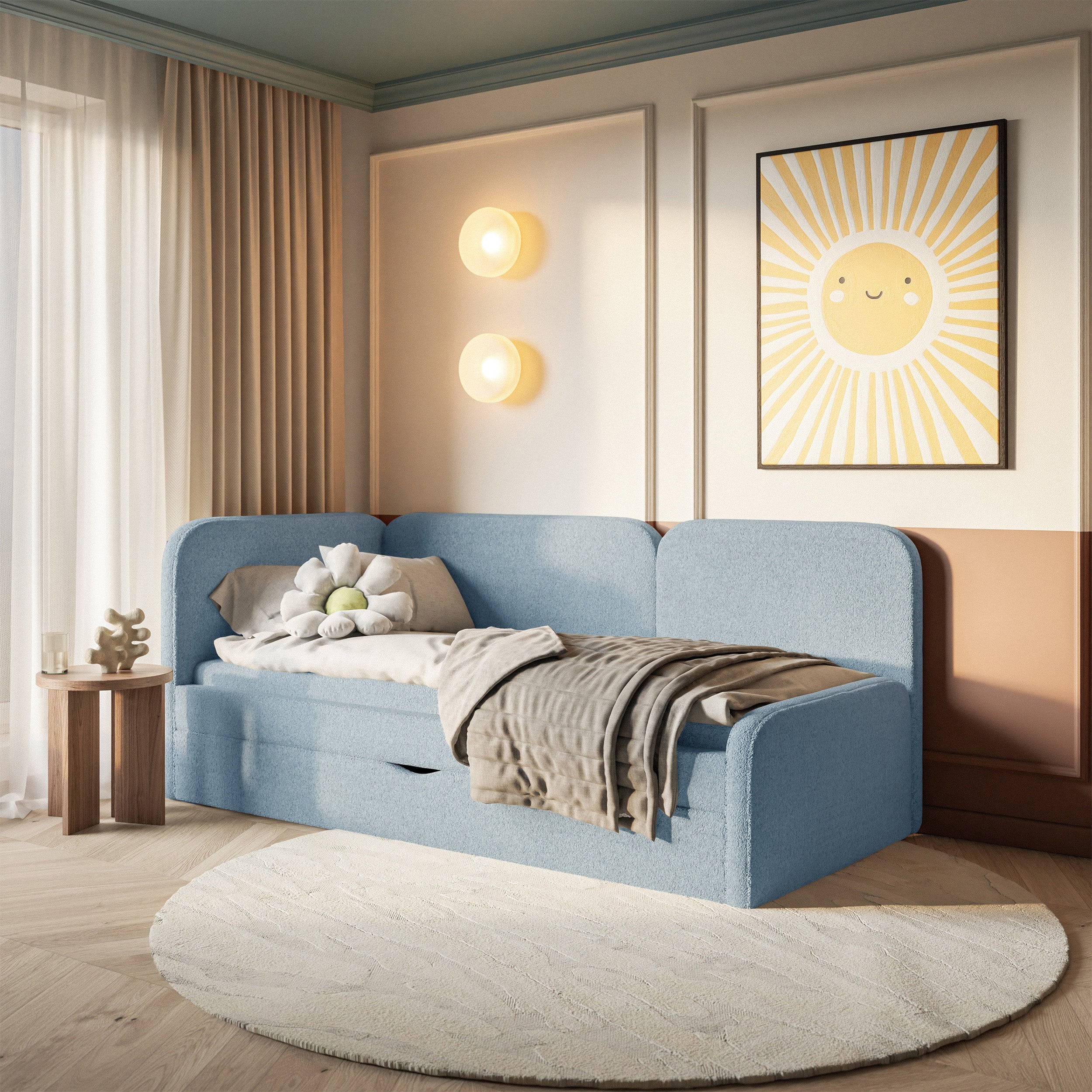 Jugendbett 90x200 cm Cuddy linksseitig mit Matratze und Stauraum, hellblaues hydrophobes Plüschmaterial