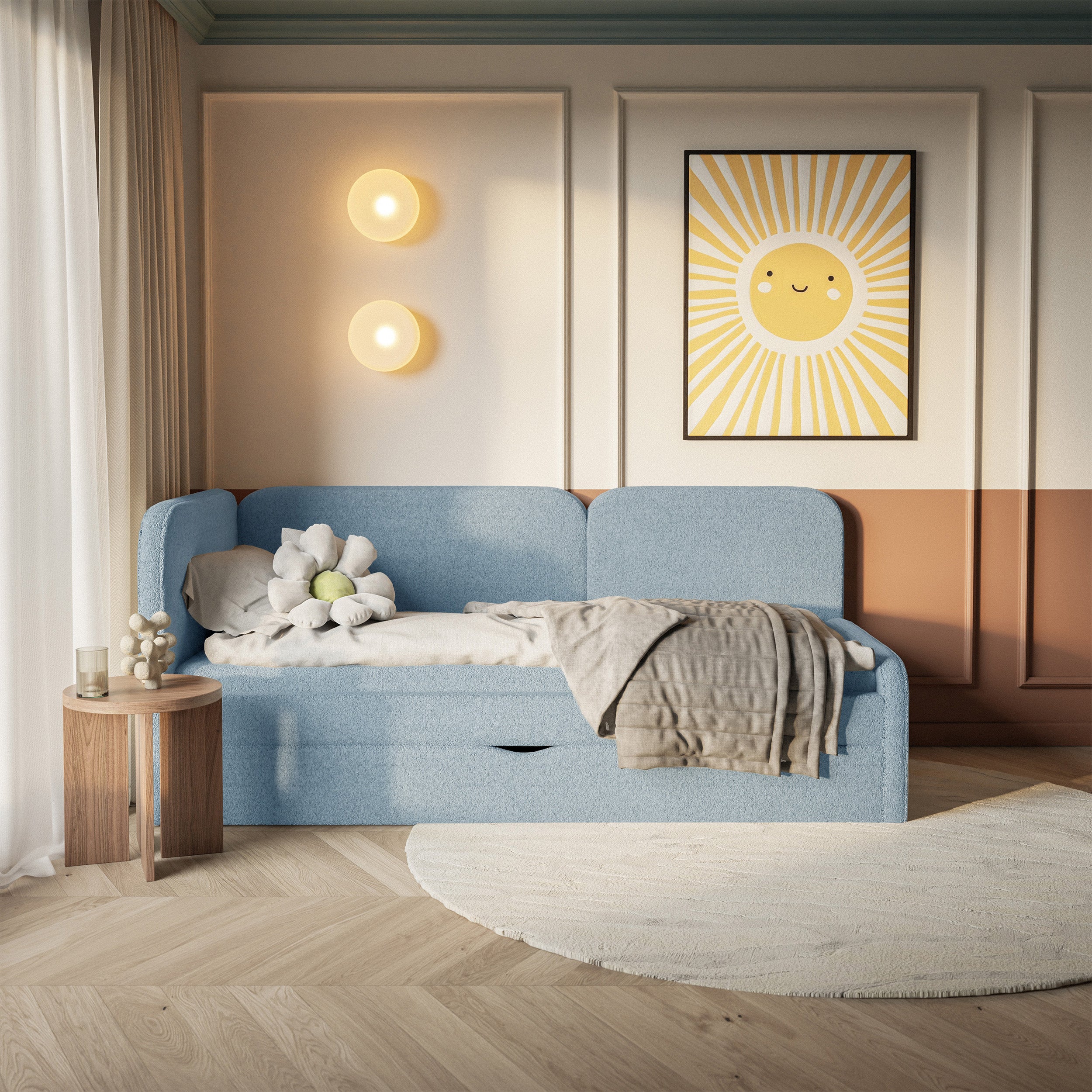 Jugendbett 90x200 cm Cuddy linksseitig mit Matratze und Stauraum, hellblaues hydrophobes Plüschmaterial
