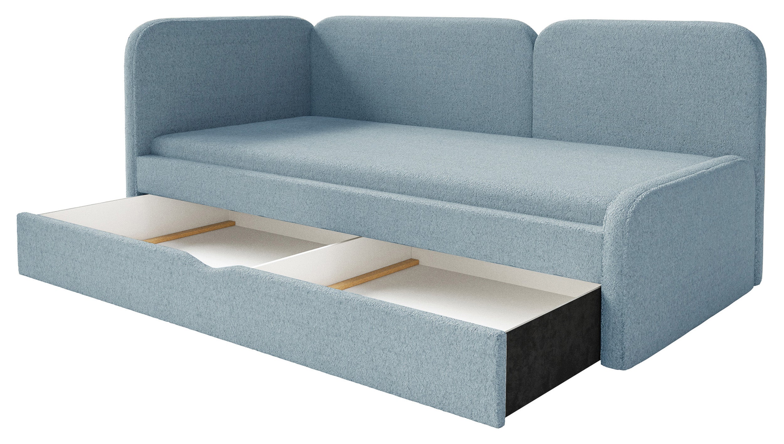 Jugendbett 90x200 cm Cuddy linksseitig mit Matratze und Stauraum, hellblaues hydrophobes Plüschmaterial