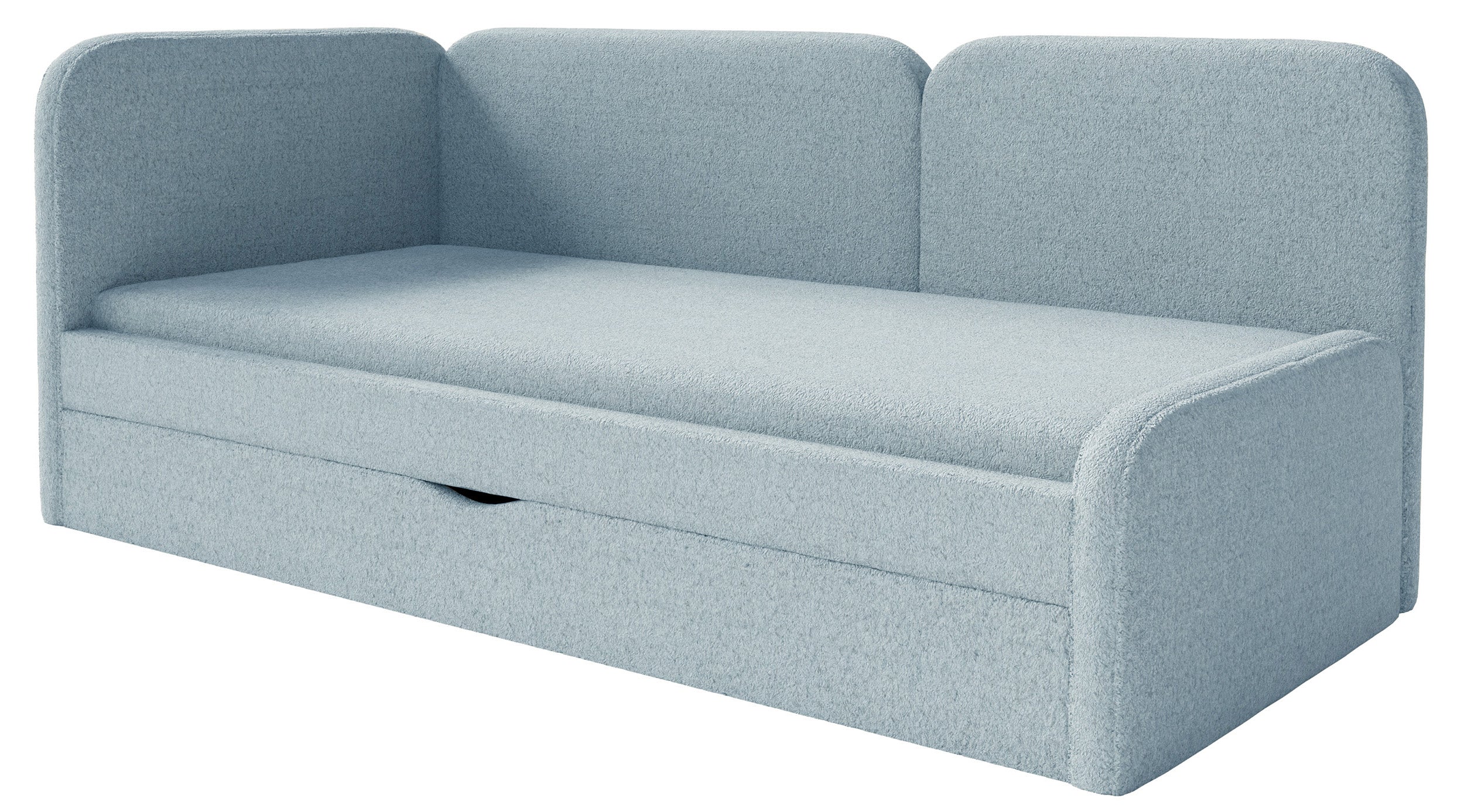 Jugendbett 90x200 cm Cuddy linksseitig mit Matratze und Stauraum, hellblaues hydrophobes Plüschmaterial