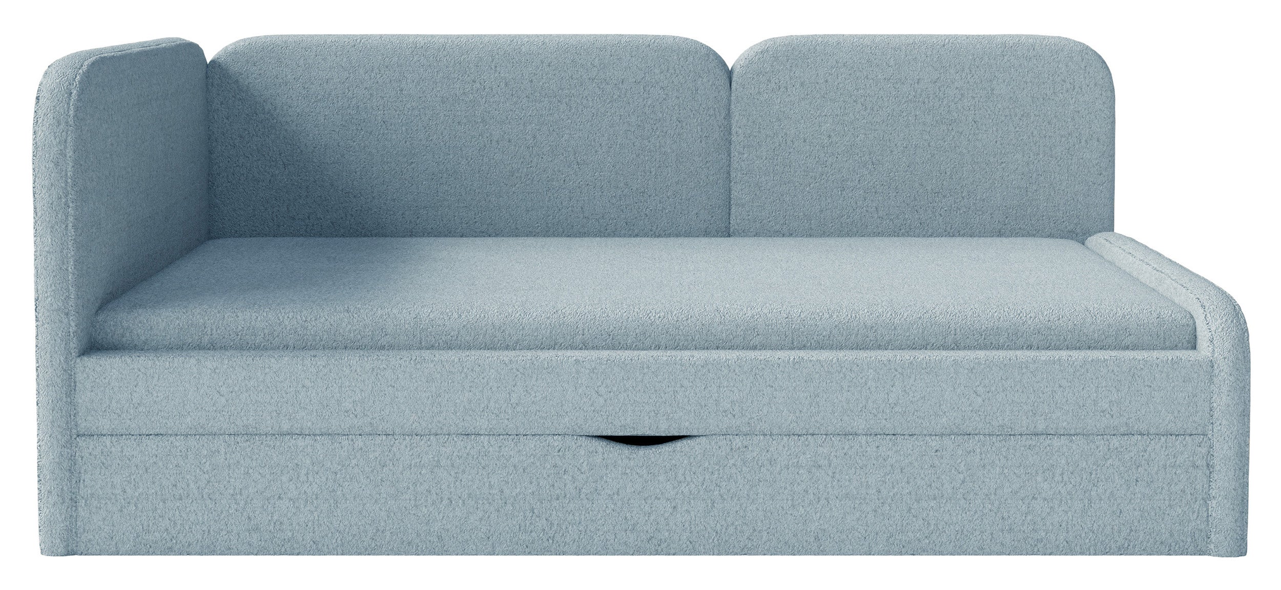 Jugendbett 90x200 cm Cuddy linksseitig mit Matratze und Stauraum, hellblaues hydrophobes Plüschmaterial