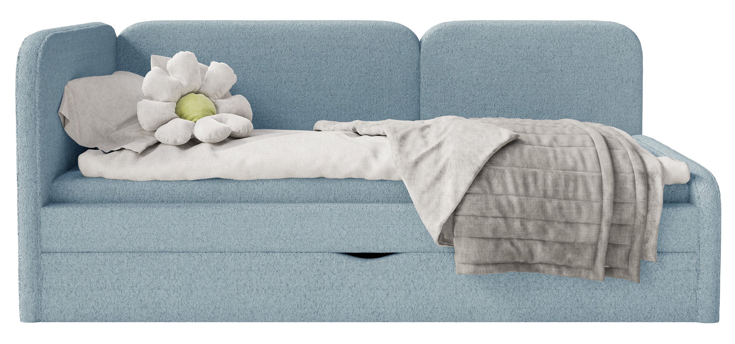 Jugendbett 90x200 cm Cuddy linksseitig mit Matratze und Stauraum, hellblaues hydrophobes Plüschmaterial