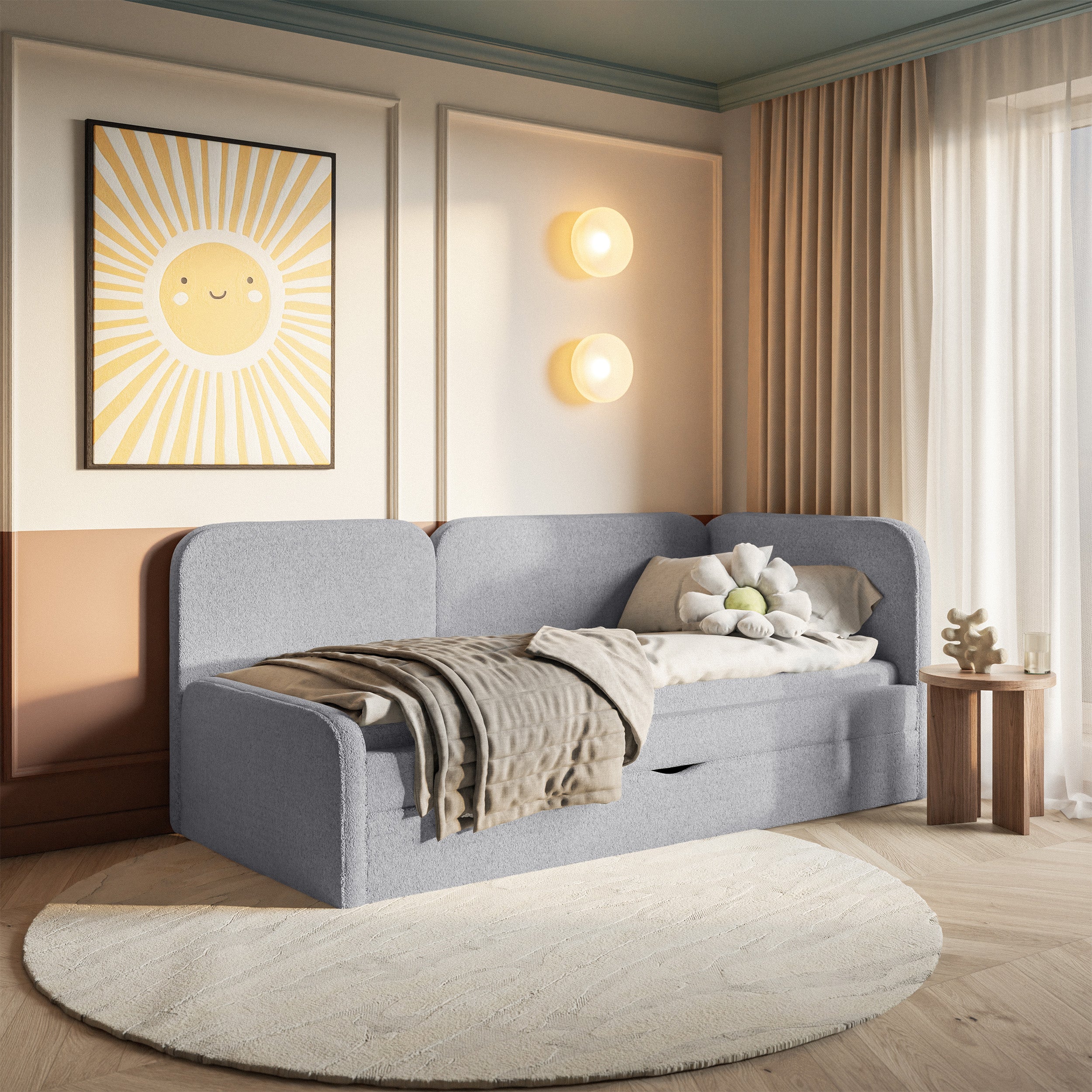 Jugendbett 90x200 cm Cuddy rechtsseitig mit Matratze und grauem, wasserabweisendem Plüsch-Aufbewahrungsfach