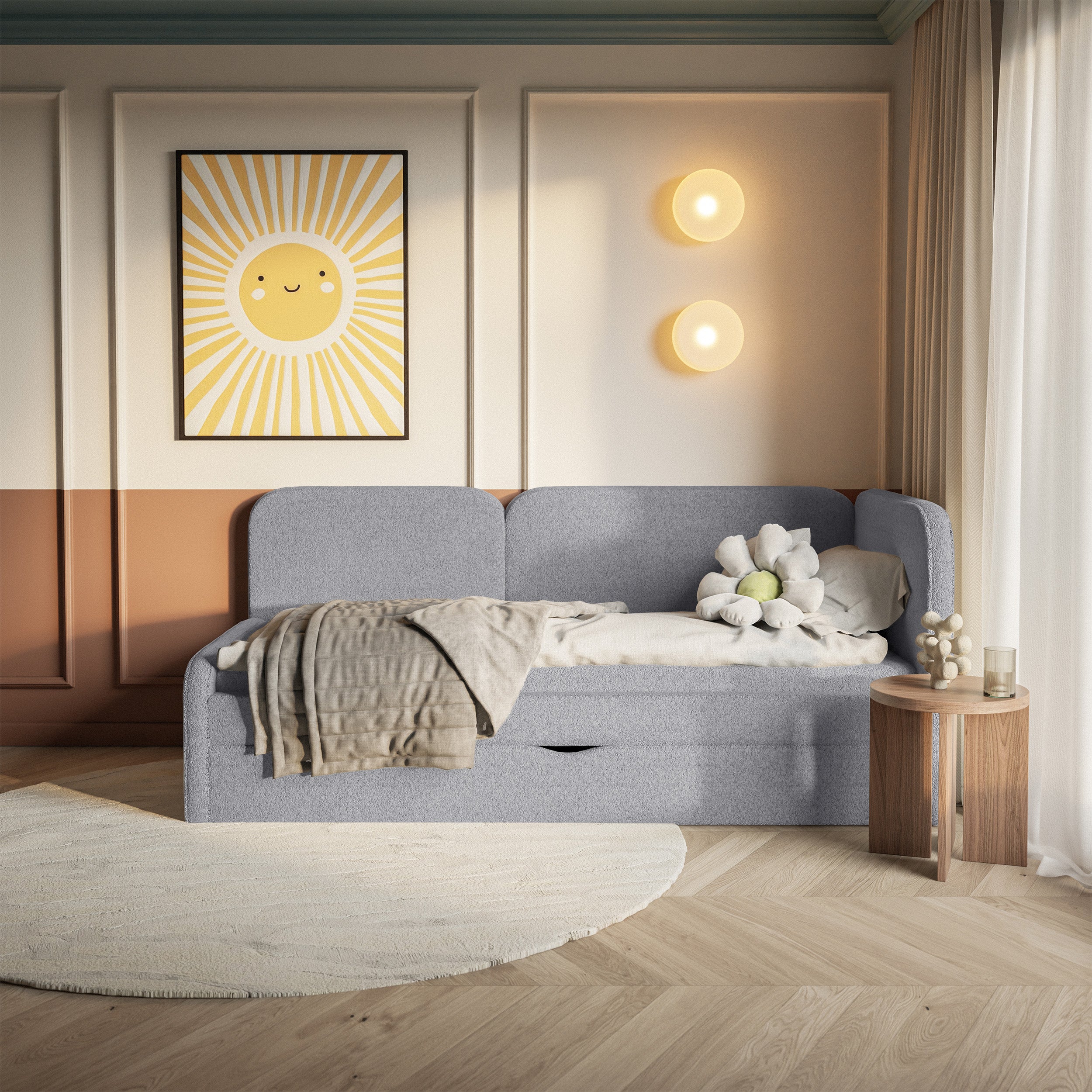 Jugendbett 90x200 cm Cuddy rechtsseitig mit Matratze und grauem, wasserabweisendem Plüsch-Aufbewahrungsfach