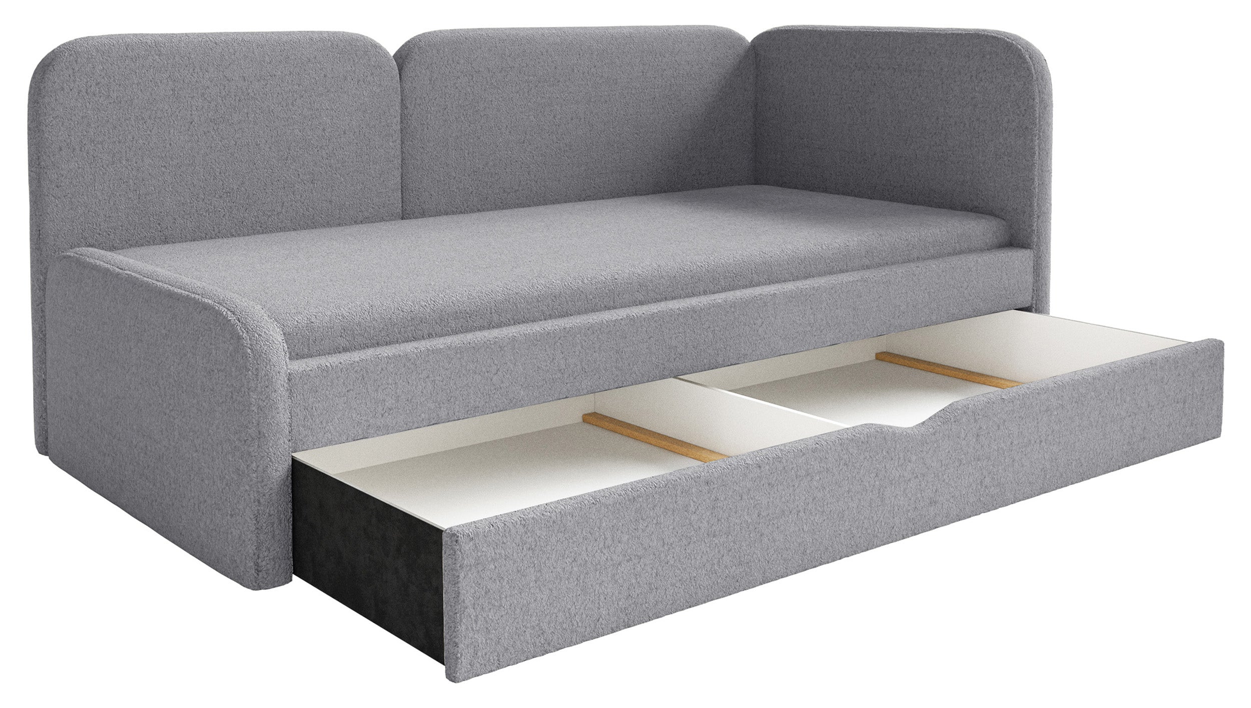 Jugendbett 90x200 cm Cuddy rechtsseitig mit Matratze und grauem, wasserabweisendem Plüsch-Aufbewahrungsfach