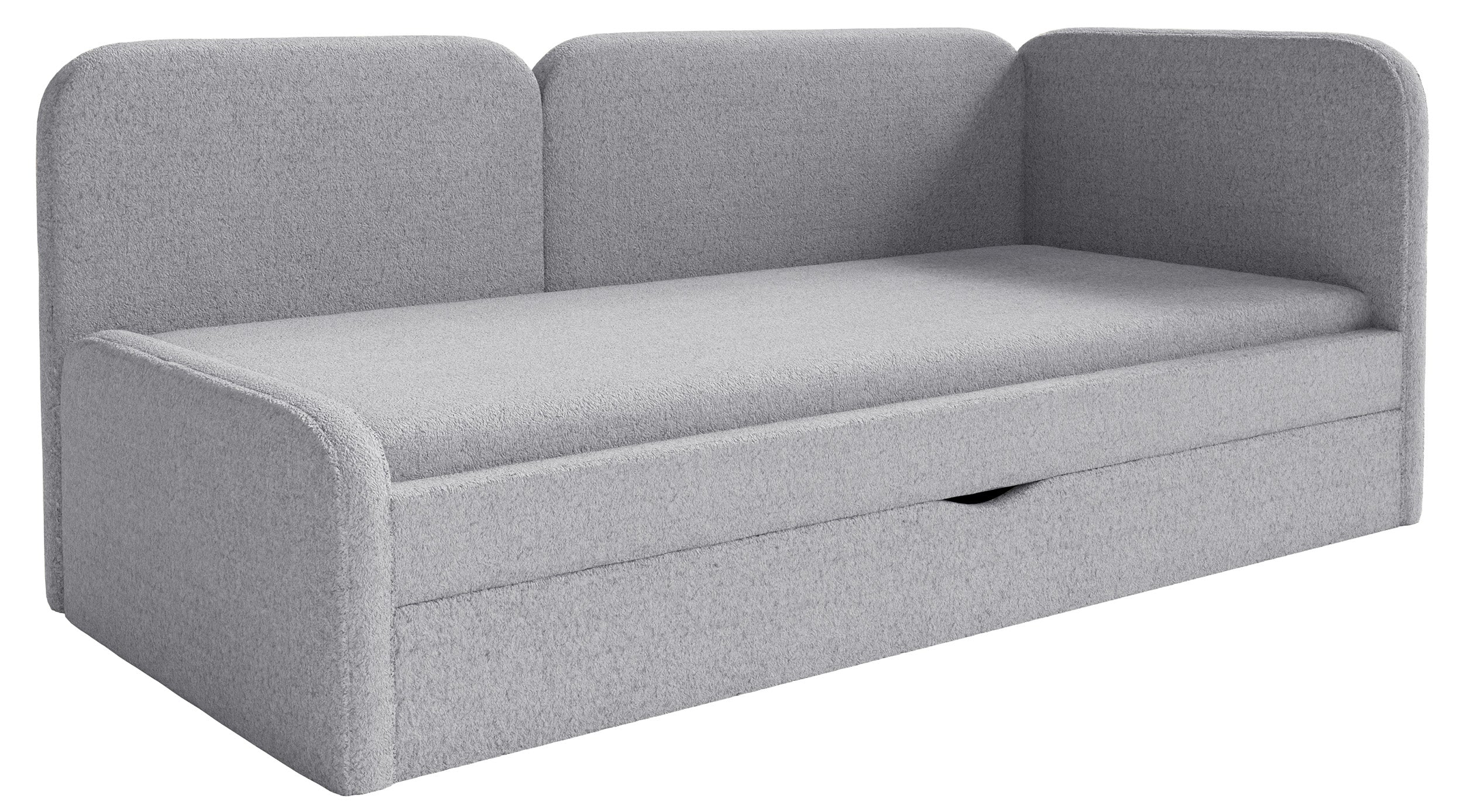 Jugendbett 90x200 cm Cuddy rechtsseitig mit Matratze und grauem, wasserabweisendem Plüsch-Aufbewahrungsfach